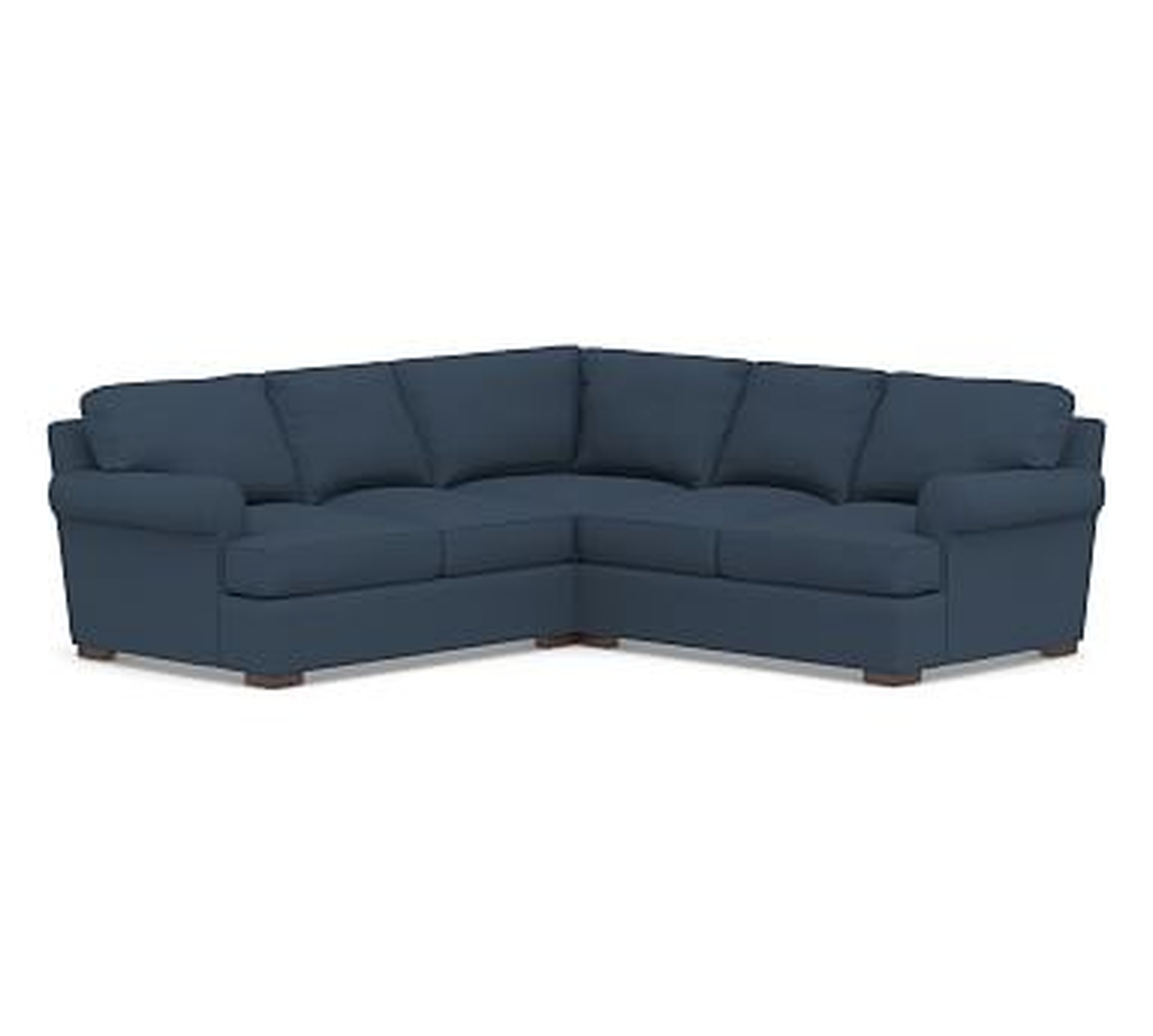Townsend Roll Arm Upholstered 3-Piece L-Shaped Corner Sectional, Polyester Wrapped Cushions, Brushed Crossweave Navy - Pottery Barn