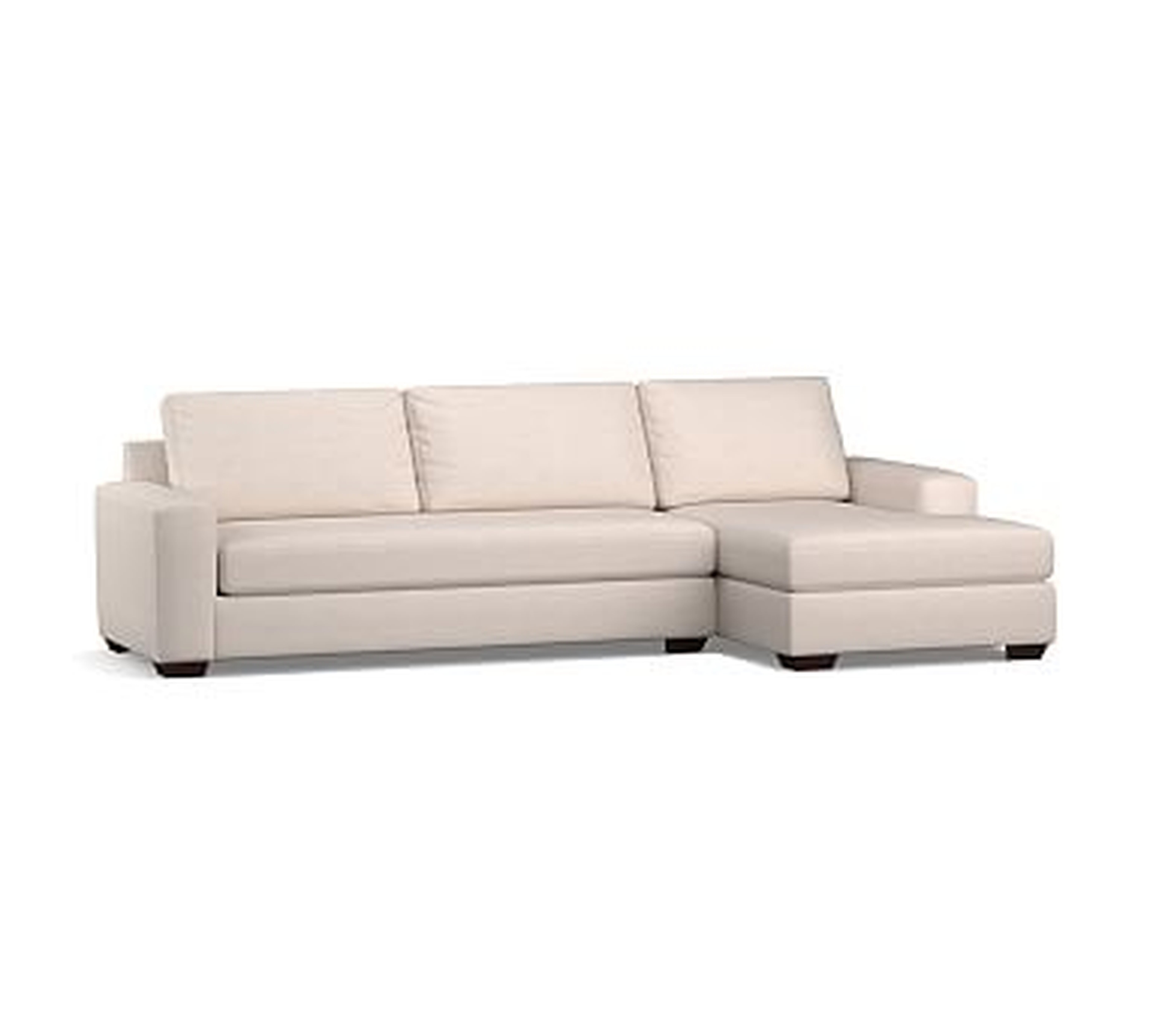 Big Sur Square Arm Upholstered Left Arm Sofa with Chaise Sectional and Bench Cushion, Down Blend Wrapped Cushions, Performance Brushed Basketweave Oatmeal - Pottery Barn