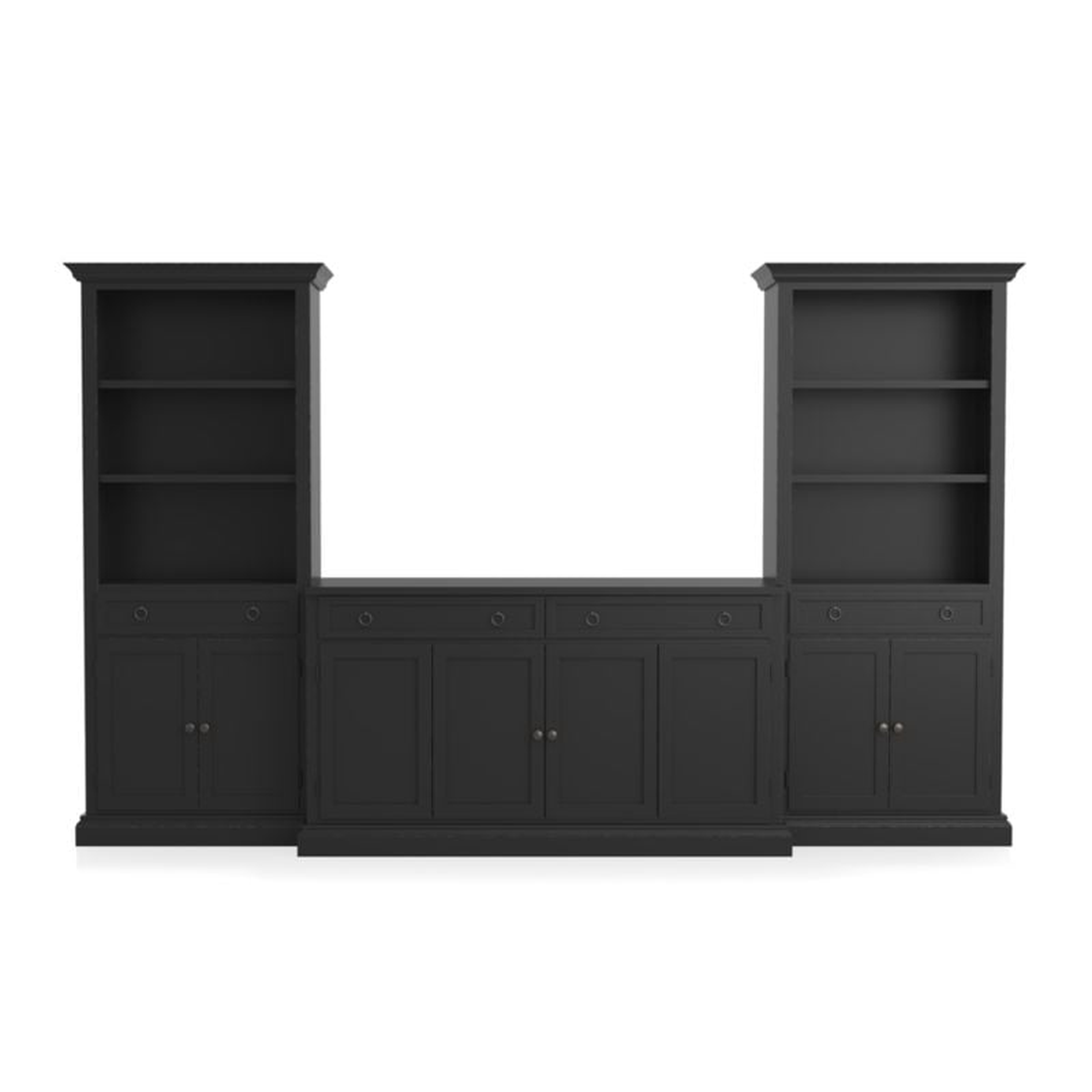 Cameo 3-Piece Modular Bruno Black Media Entertainment Center with Storage Bookcases - Crate and Barrel