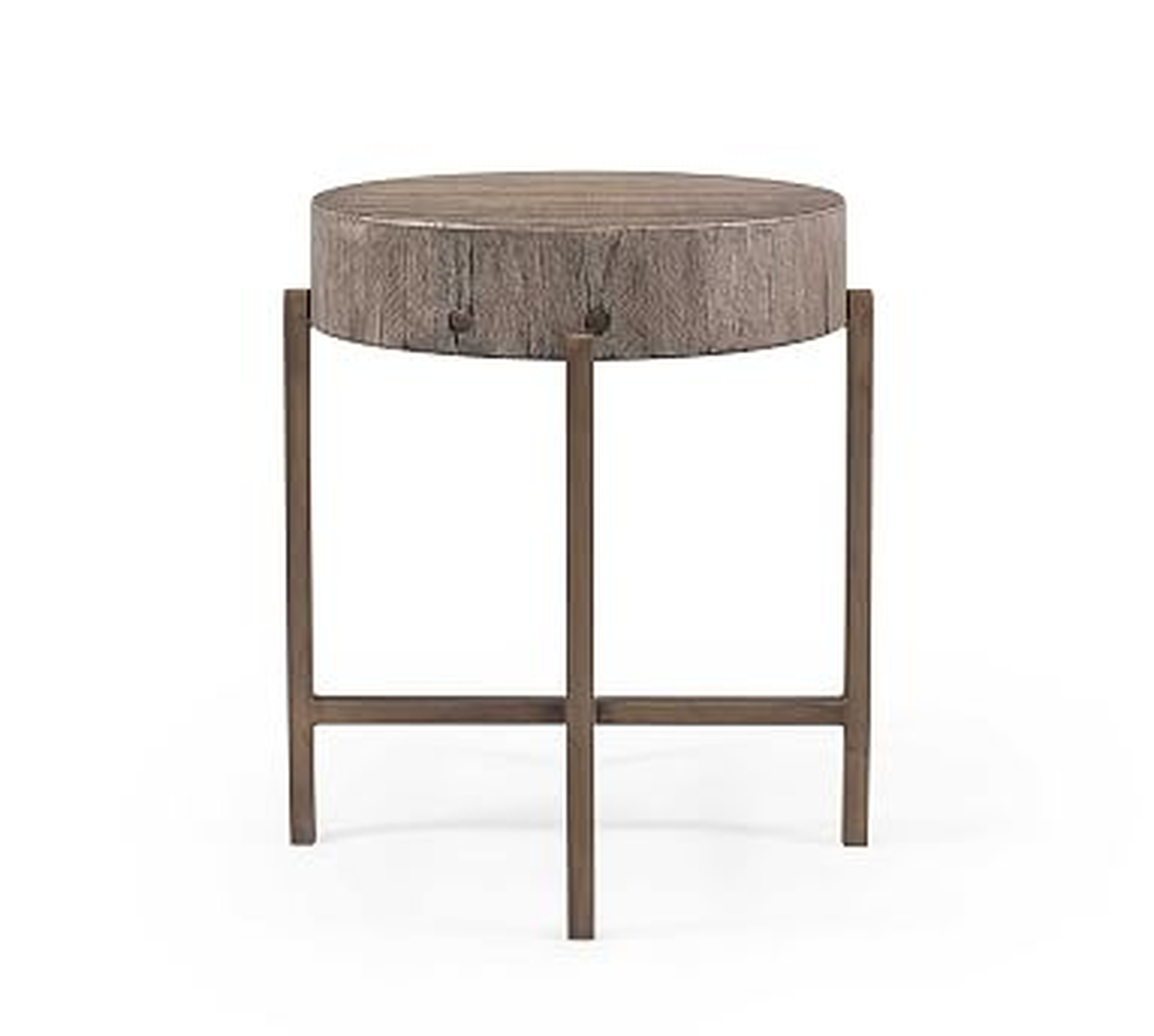 Fargo Round Reclaimed Wood End Table, Distressed Gray/Patina Copper - Pottery Barn