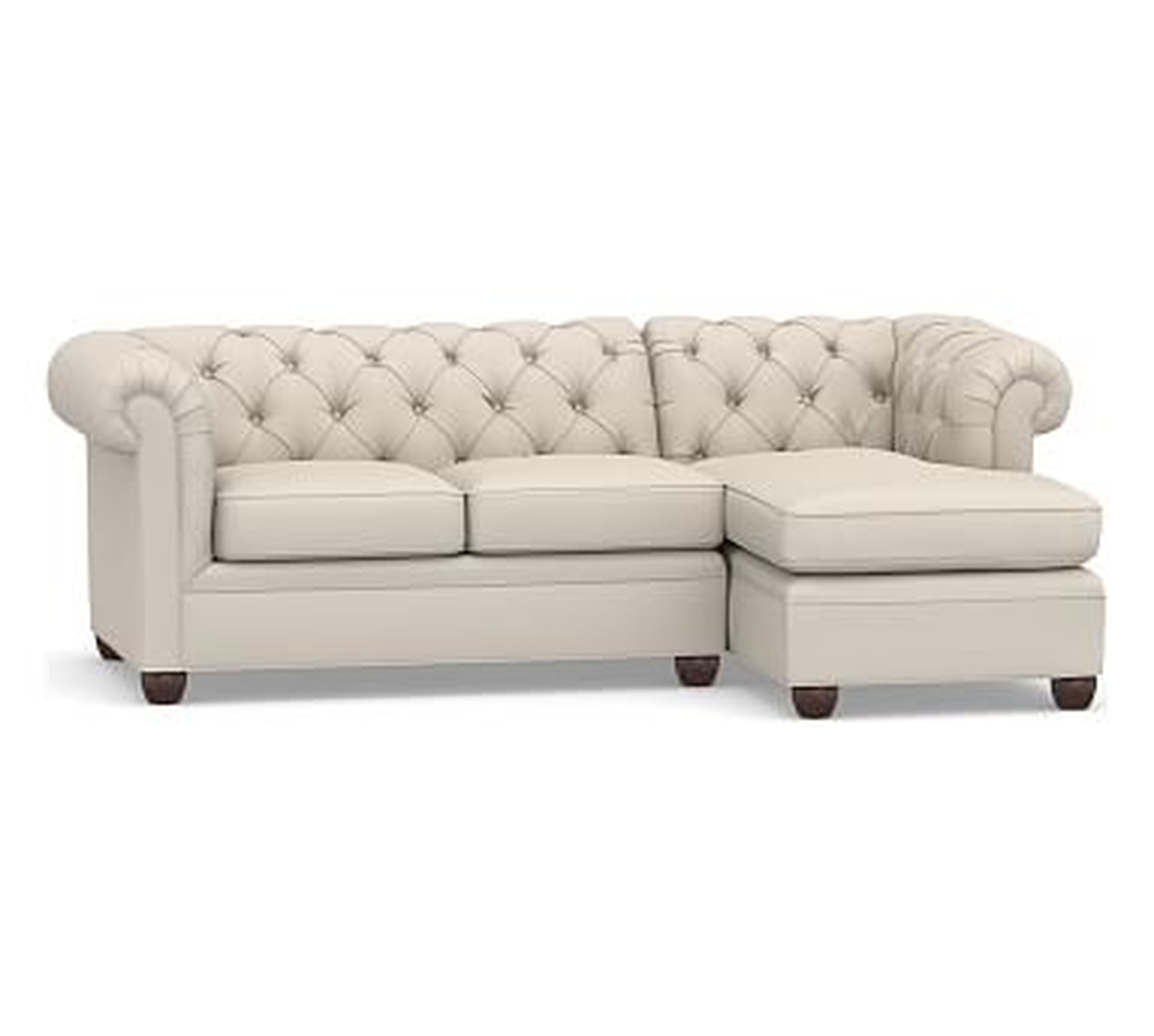 Chesterfield Roll Arm Upholstered Left Arm Loveseat with Chaise Sectional, Polyester Wrapped Cushions, Performance Brushed Basketweave Oatmeal - Pottery Barn