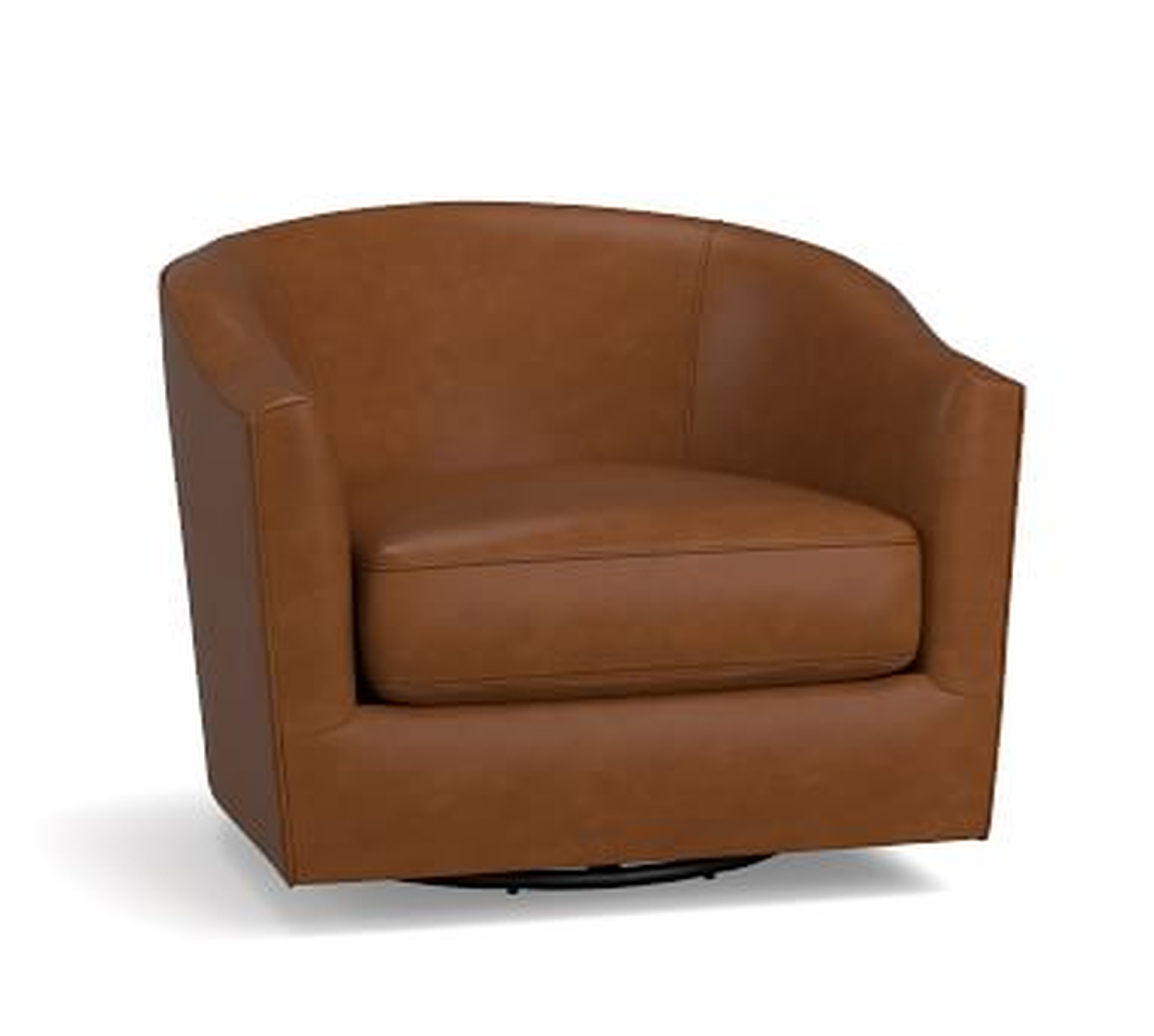 Harlow Leather Swivel Armchair without Nailheads, Polyester Wrapped Cushions, Burnished Bourbon - Pottery Barn