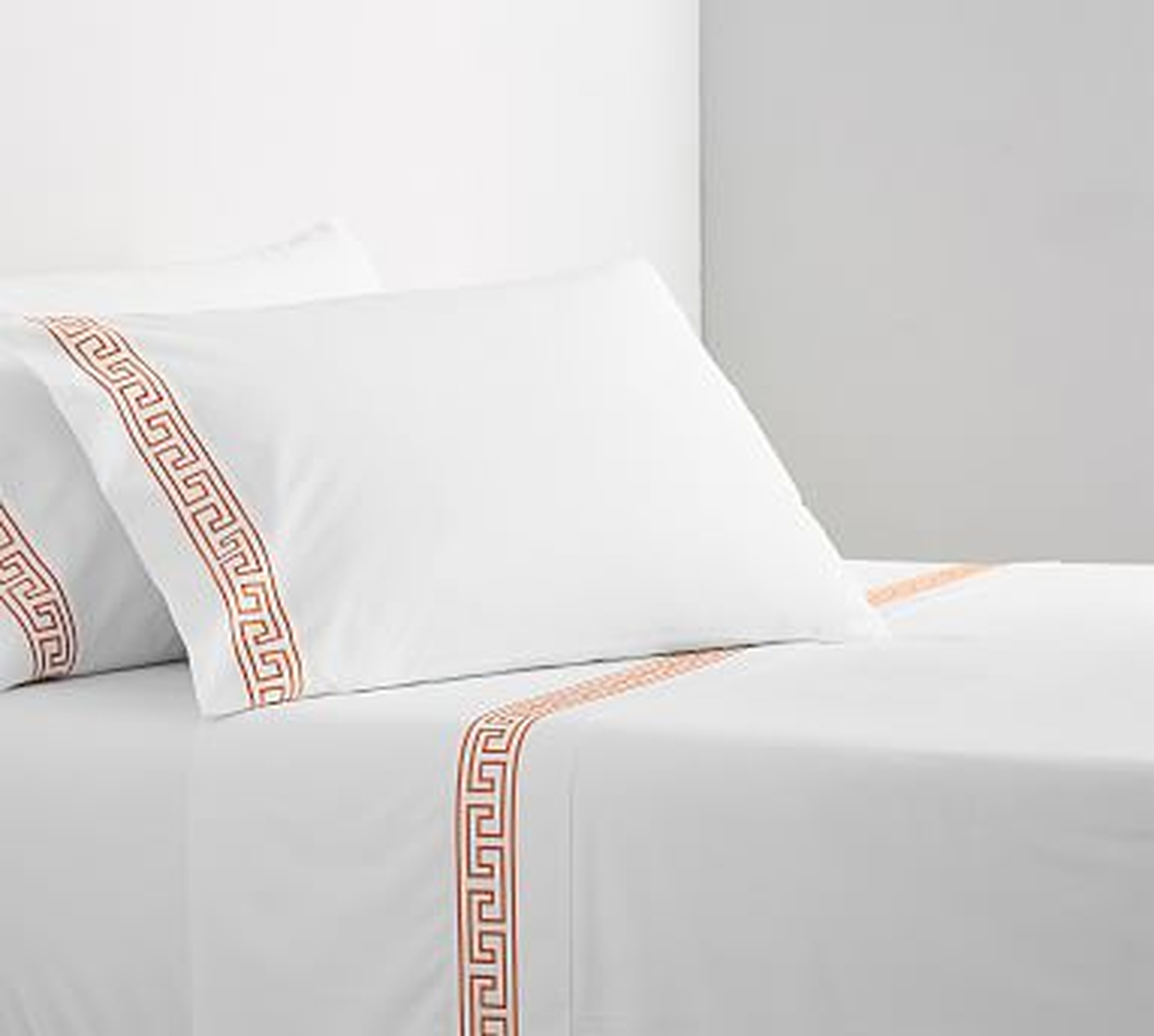 Geo Embroidered Organic Sheet Set, Queen, Coral - Pottery Barn