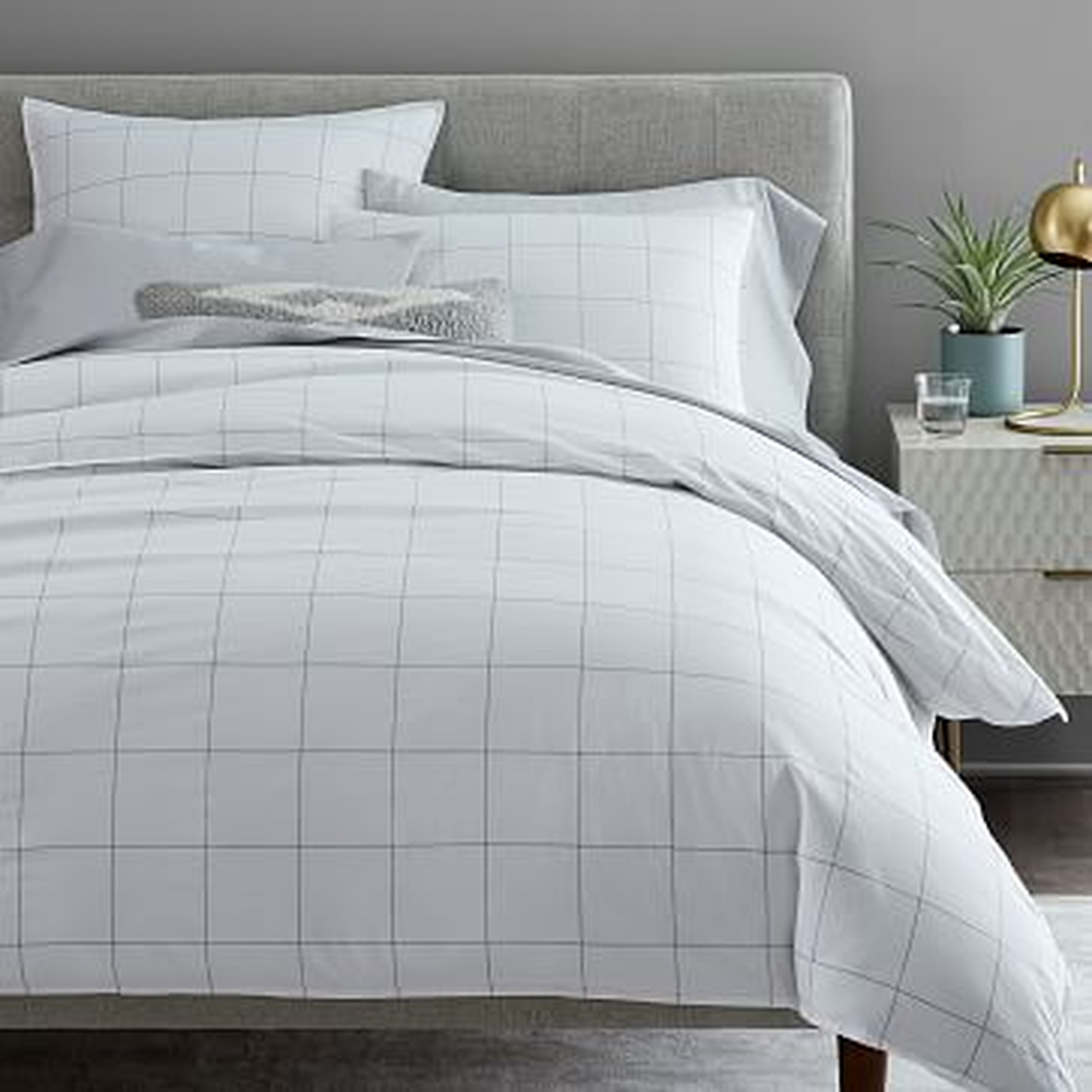Organic Washed Cotton Windowpane Duvet Cover, Full/Queen, White/Midnight - West Elm