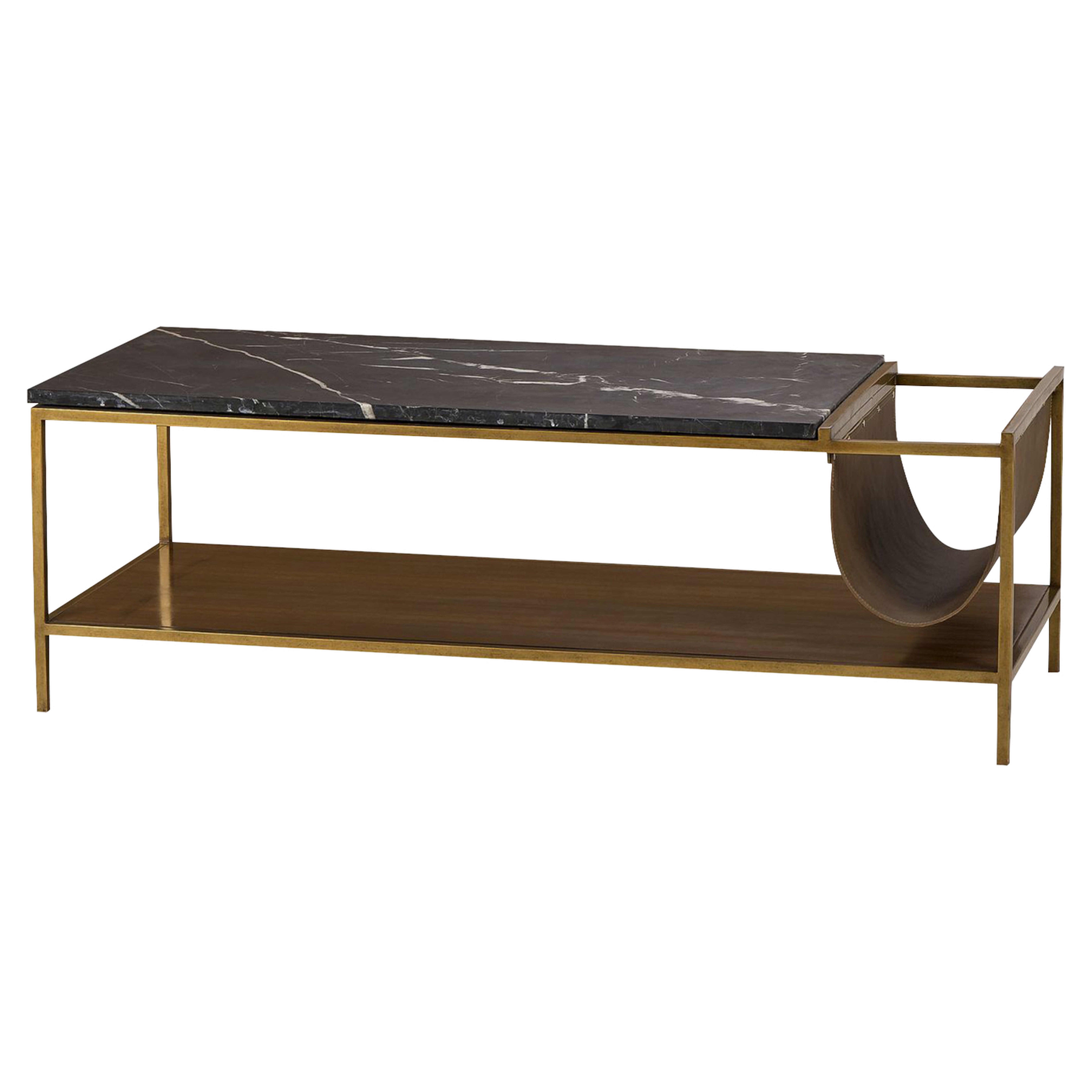 Resource Decor Copeland Mid Century Leather Black Marble Walnut Coffee Table - Kathy Kuo Home