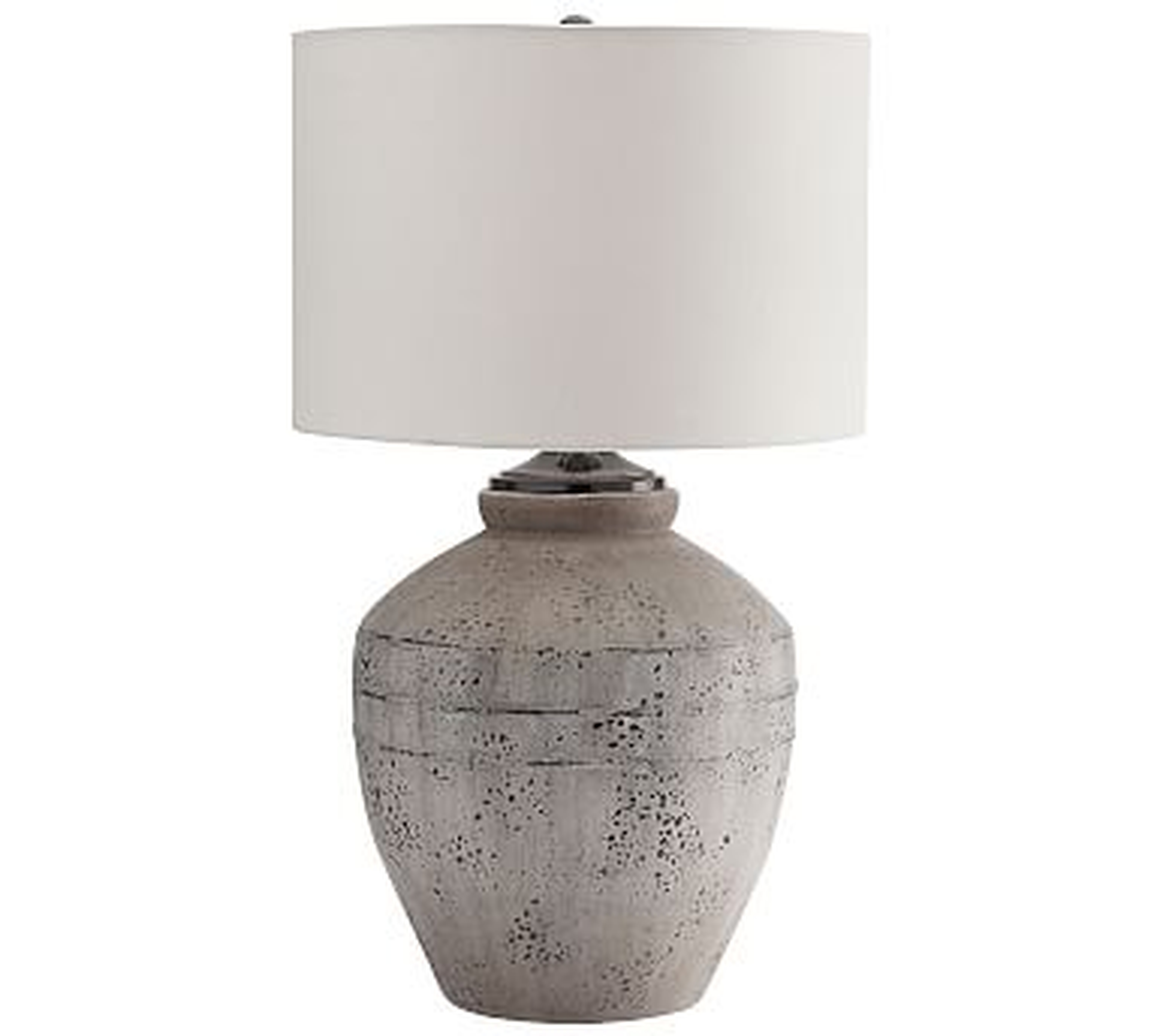 Maddox Trophy Table Lamp, Rustic Gray Base With Medium Gallery Straight Sided Linen Drum Shade, White - Pottery Barn