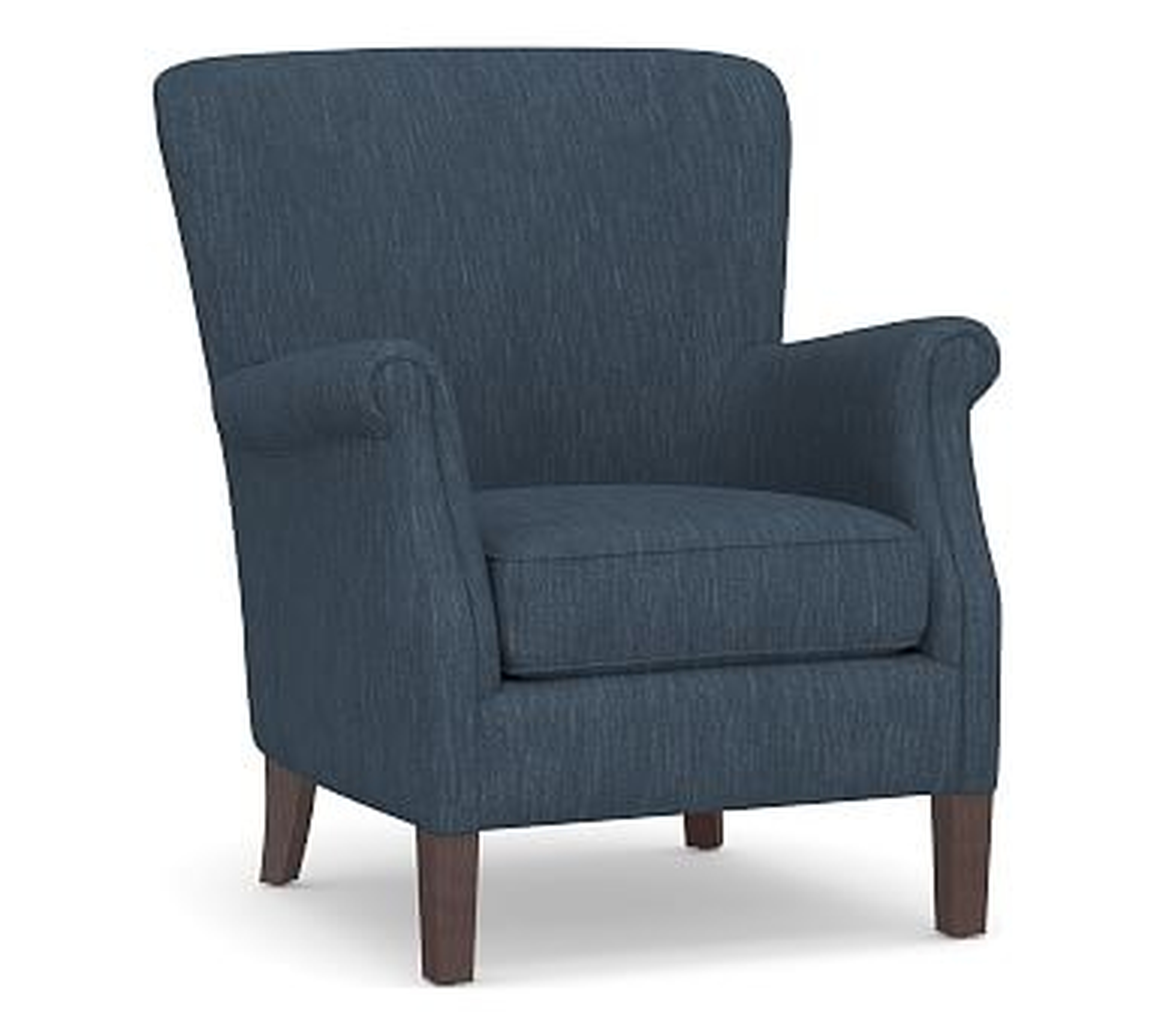 SoMa Minna Upholstered Armchair, Polyester Wrapped Cushions, Performance Heathered Tweed Indigo - Pottery Barn