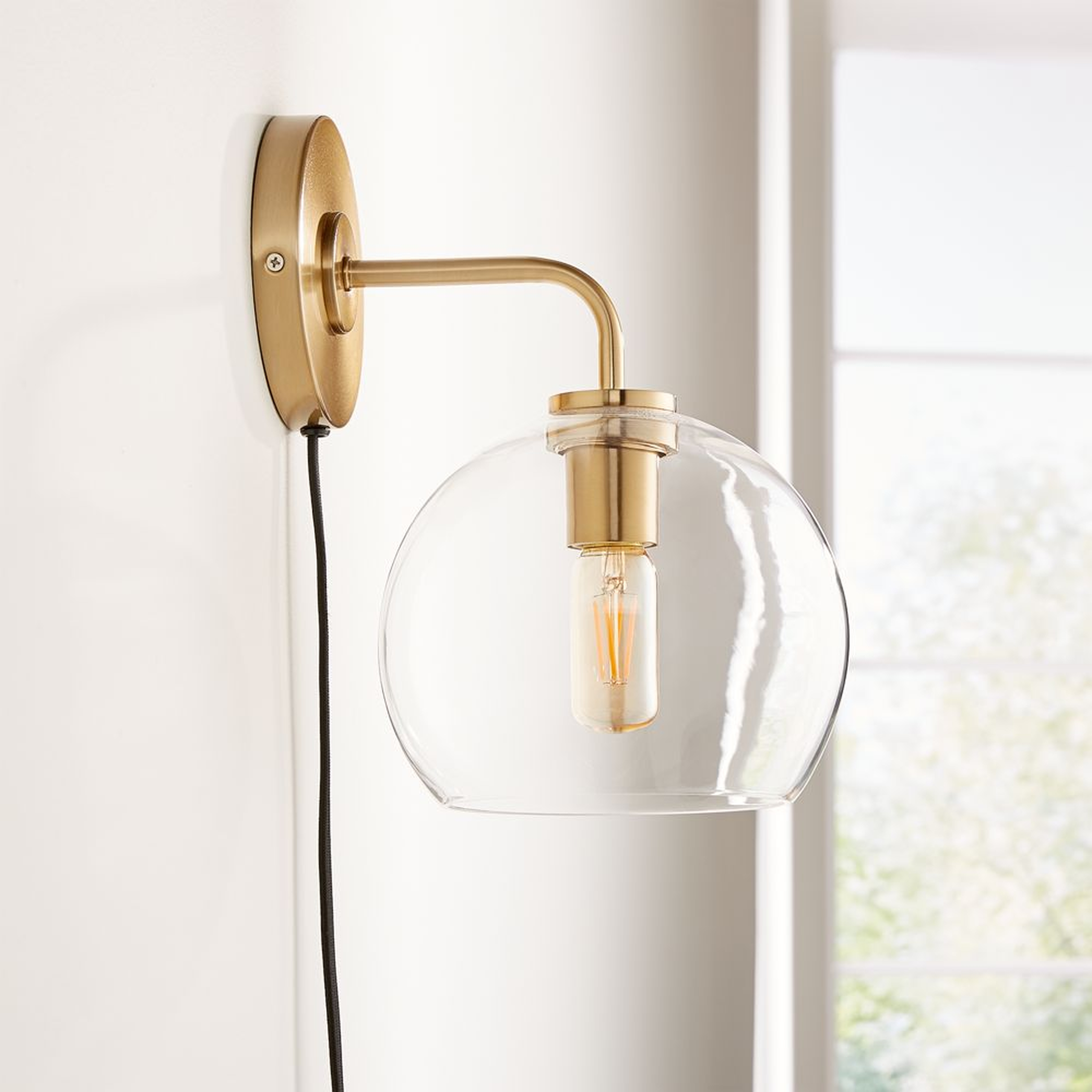 Arren Brass Plug In Wall Sconce Light with Clear Round Shade - Crate and Barrel