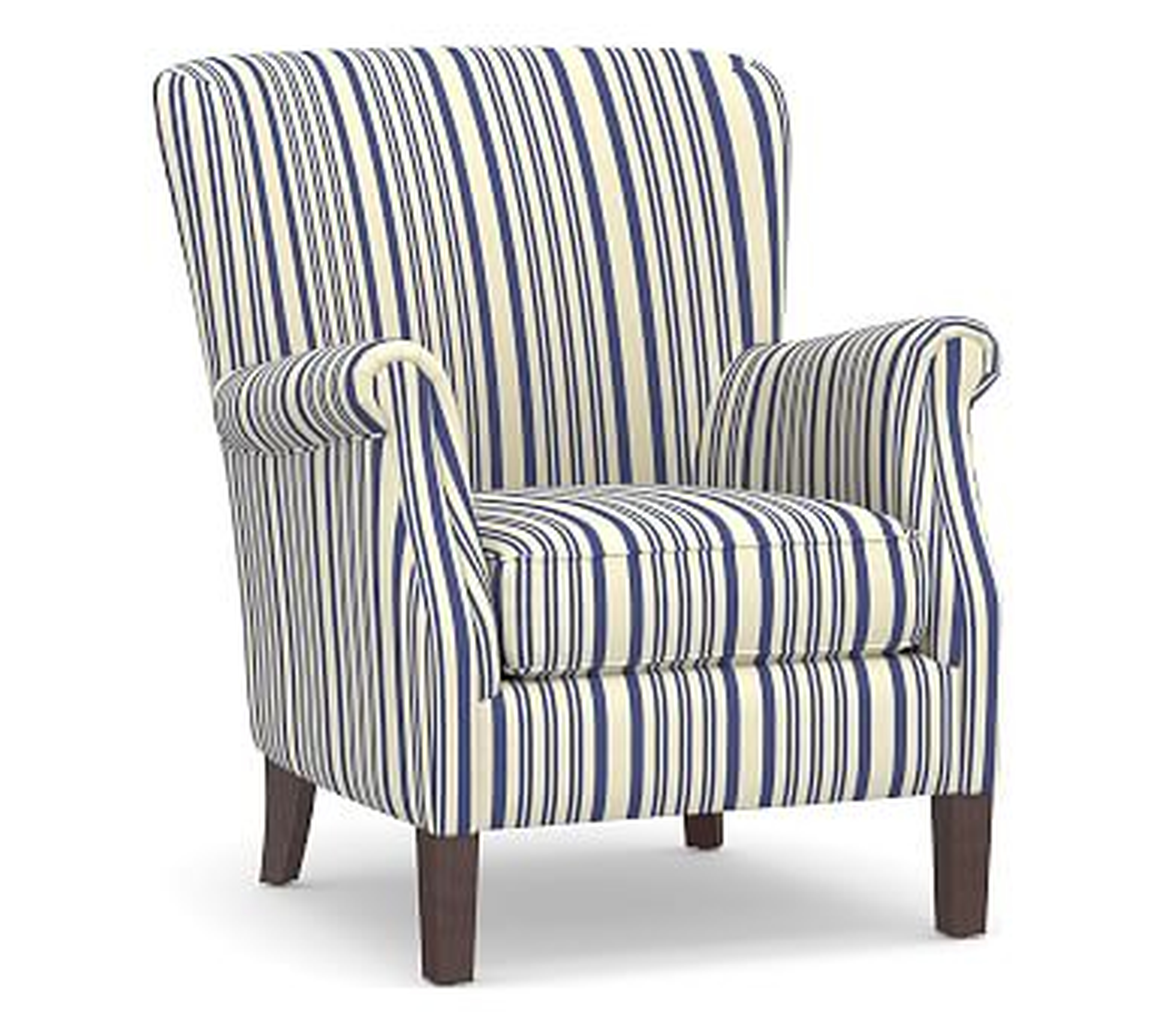 SoMa Minna Upholstered Armchair, Polyester Wrapped Cushions, Antique Stripe Blue - Pottery Barn