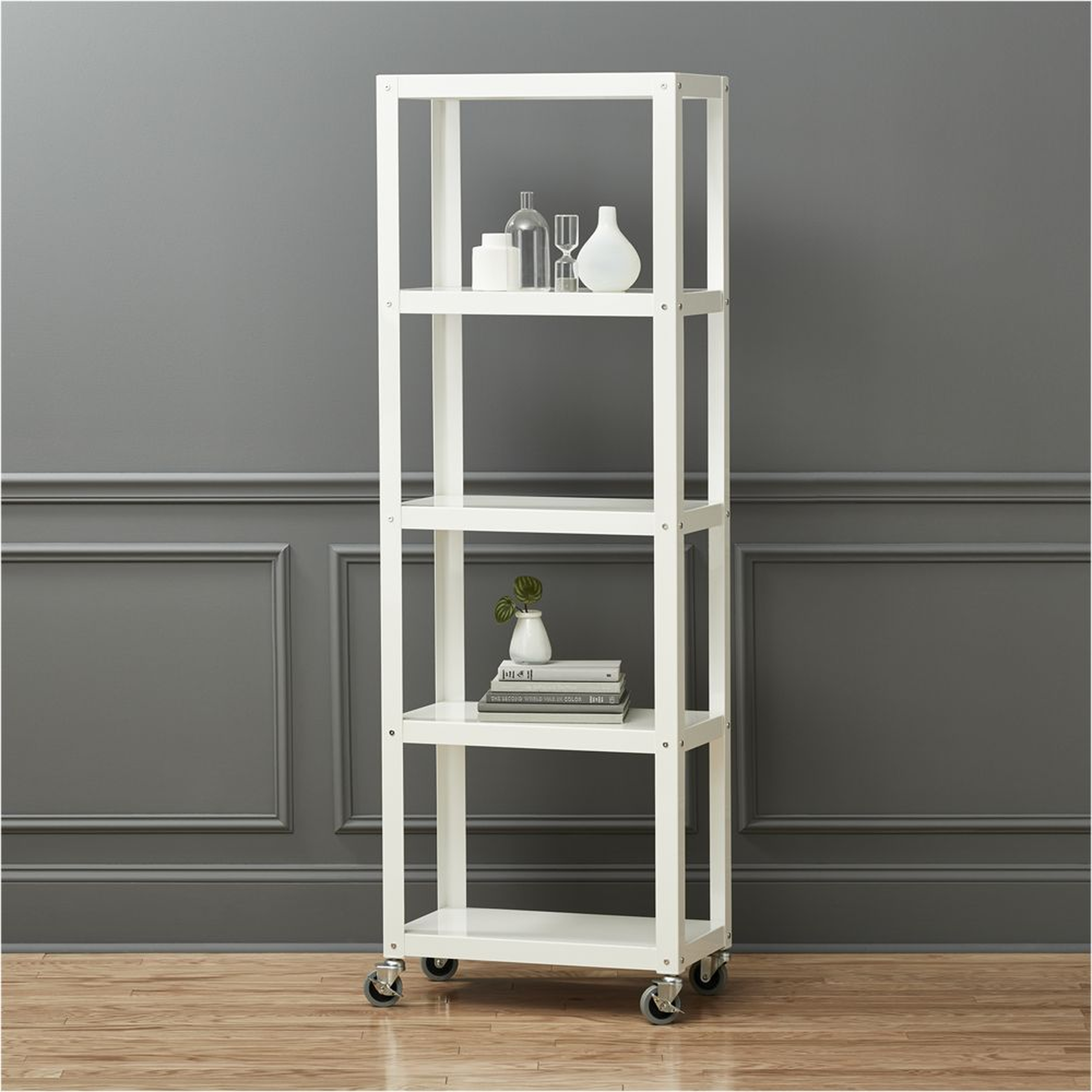 go-cart white five-shelf rolling bookcase - CB2