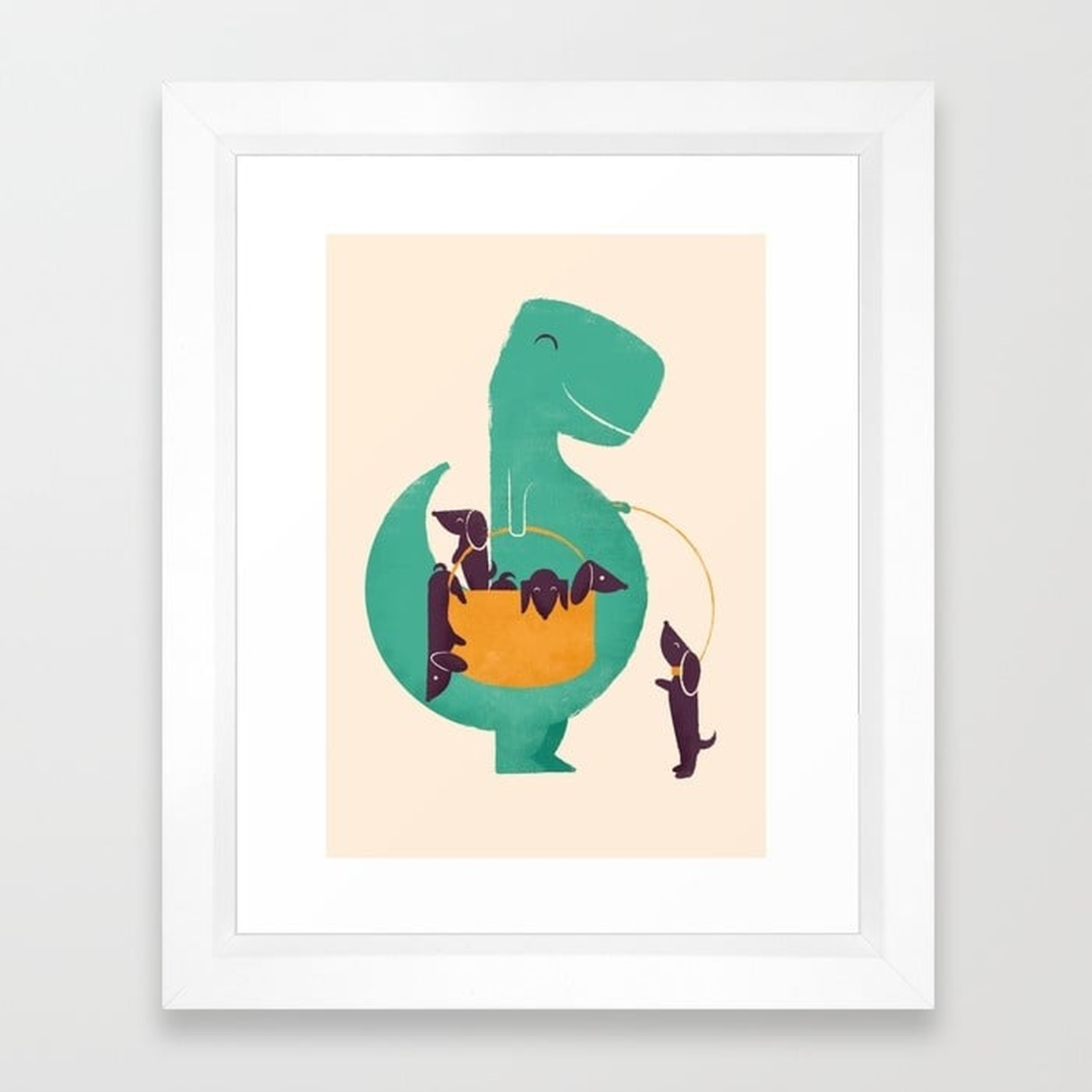 T-Rex and his Basketful of Wiener Dogs - VECTOR WHITE MINI - Society6