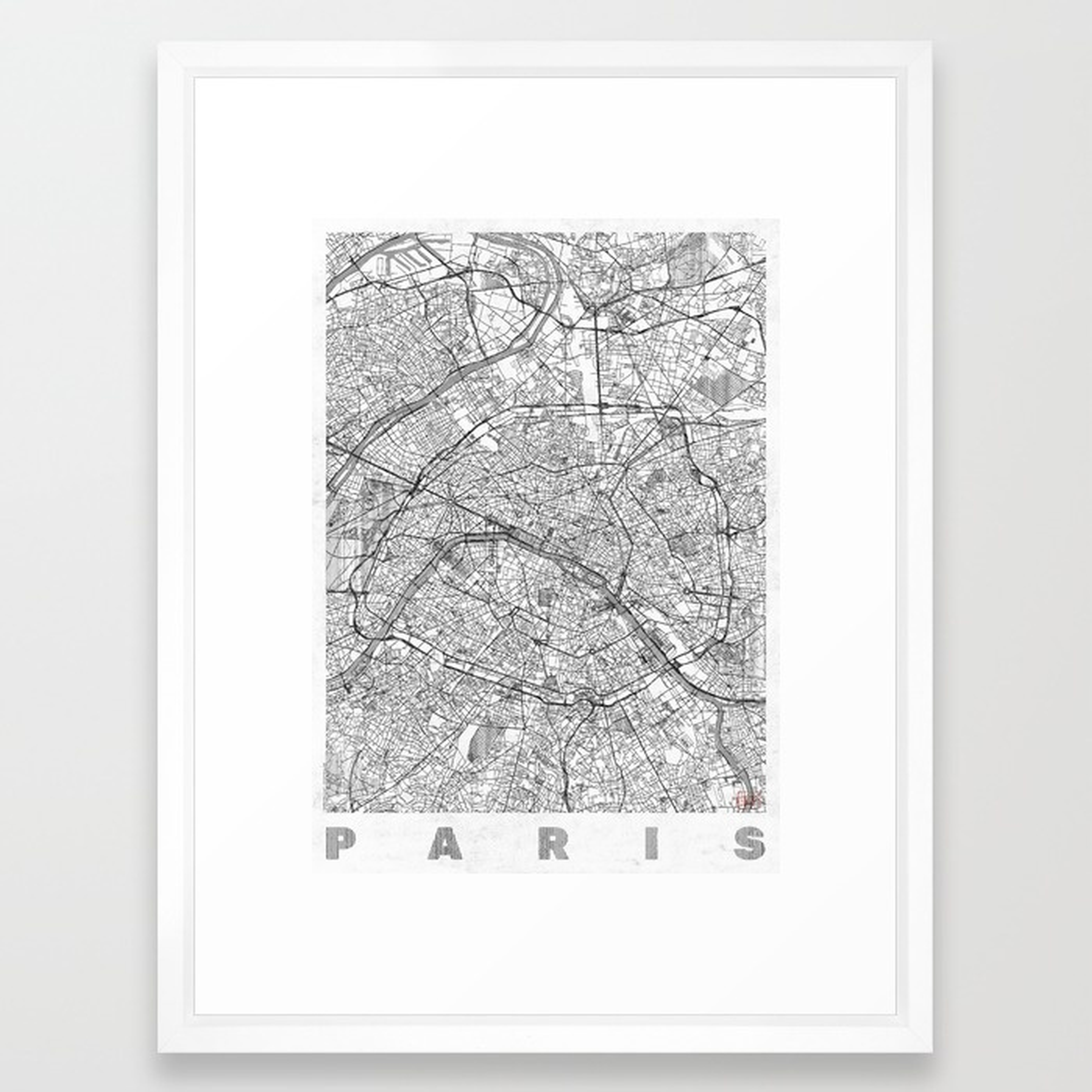 Paris Map Line- 10 x 12 - Vector White Frame - Society6