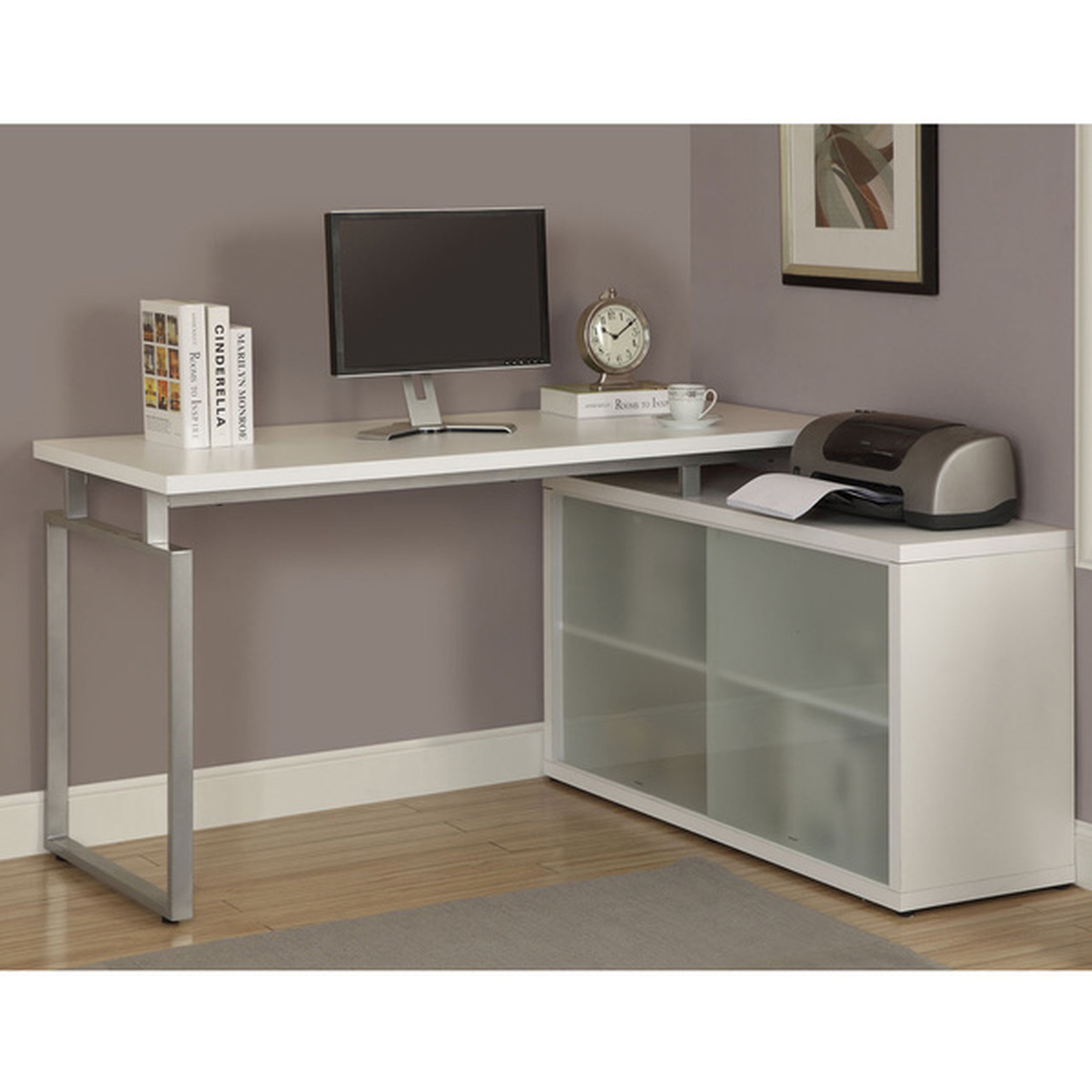 White L-Shaped Desk with Frosted Glass - Overstock