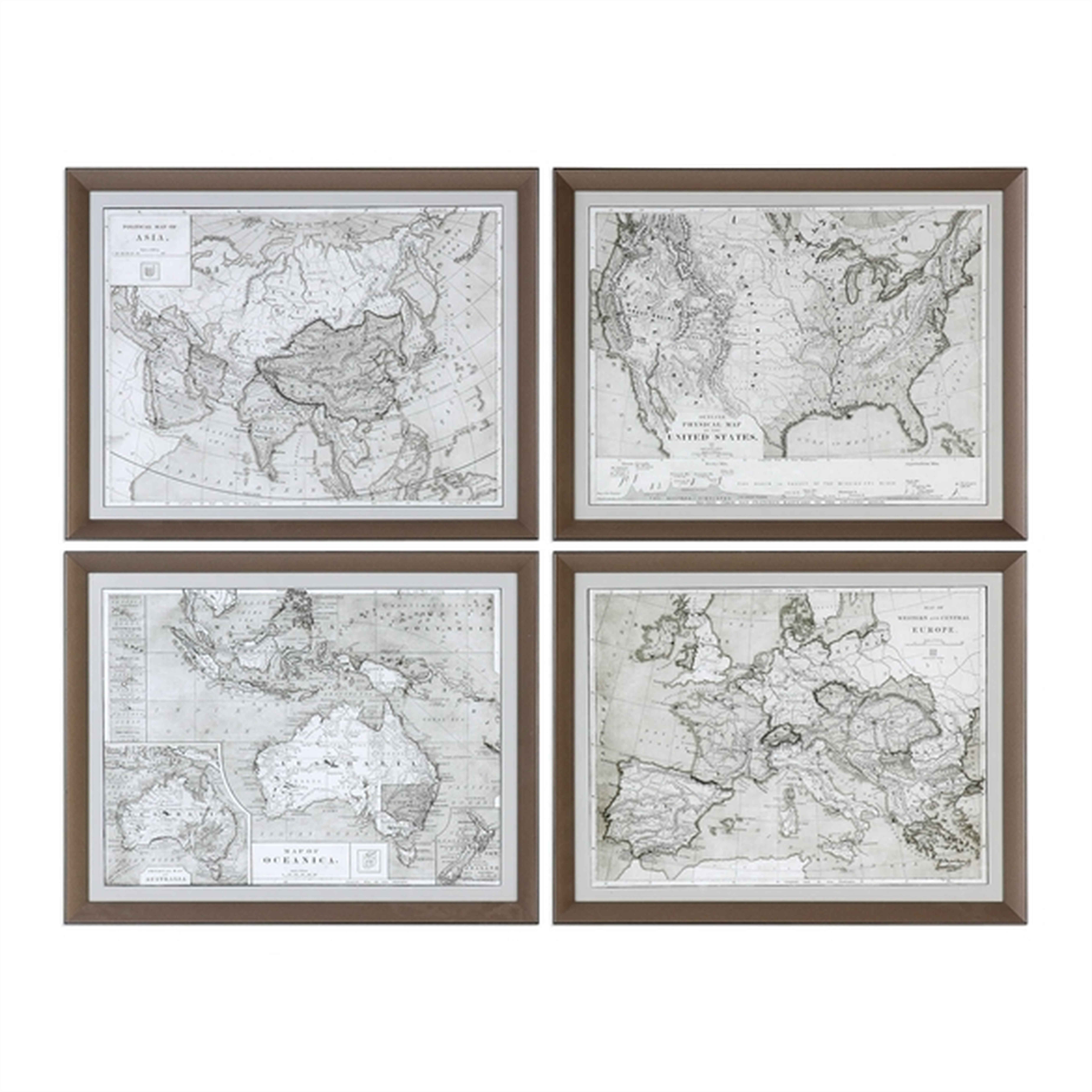 World Maps, Bronze Frame, With Mat, Set of 4 - Hudsonhill Foundry