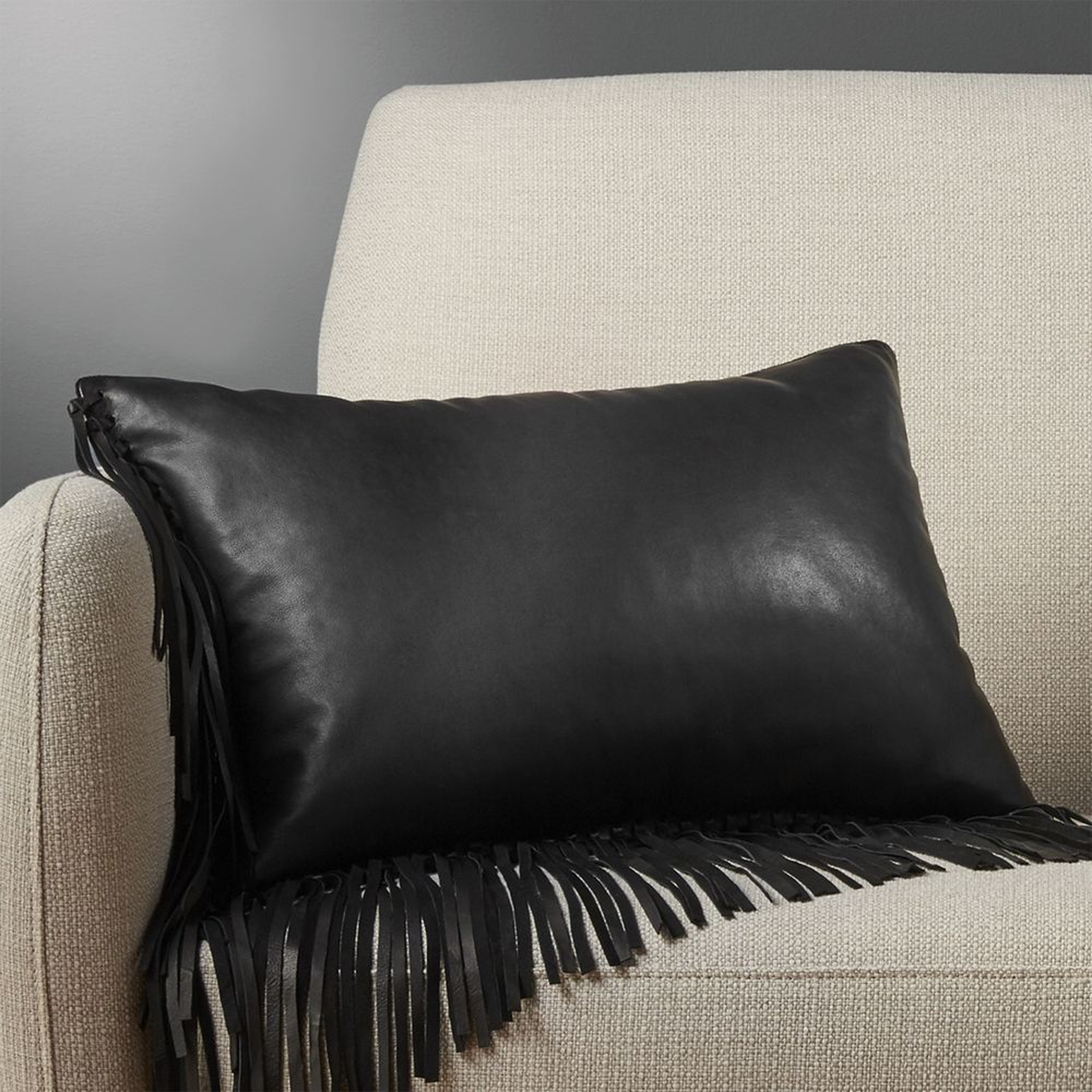 "18""x12"" leather fringe black pillow with down-alternative insert" - CB2