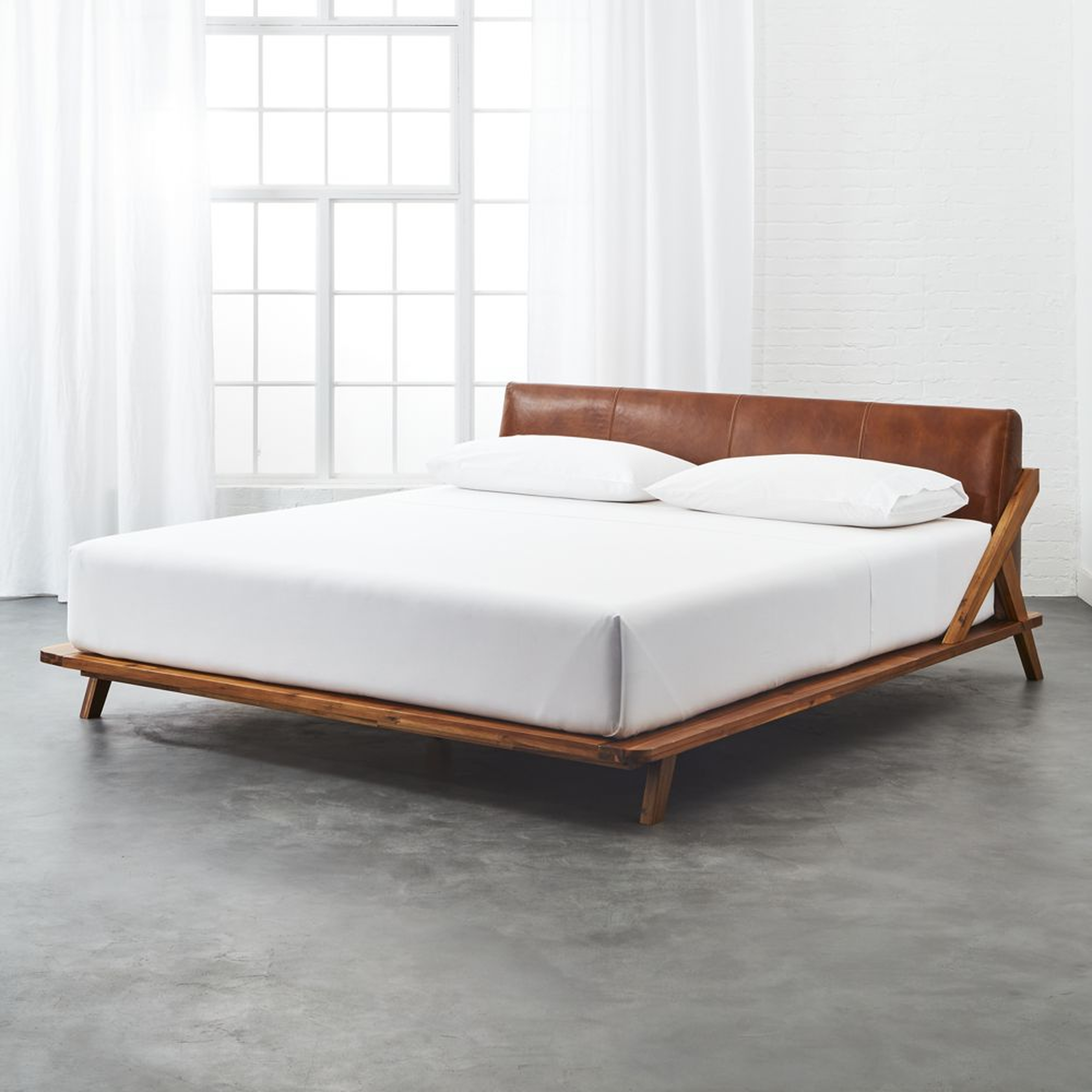 drommen acacia king bed with leather headboard - CB2