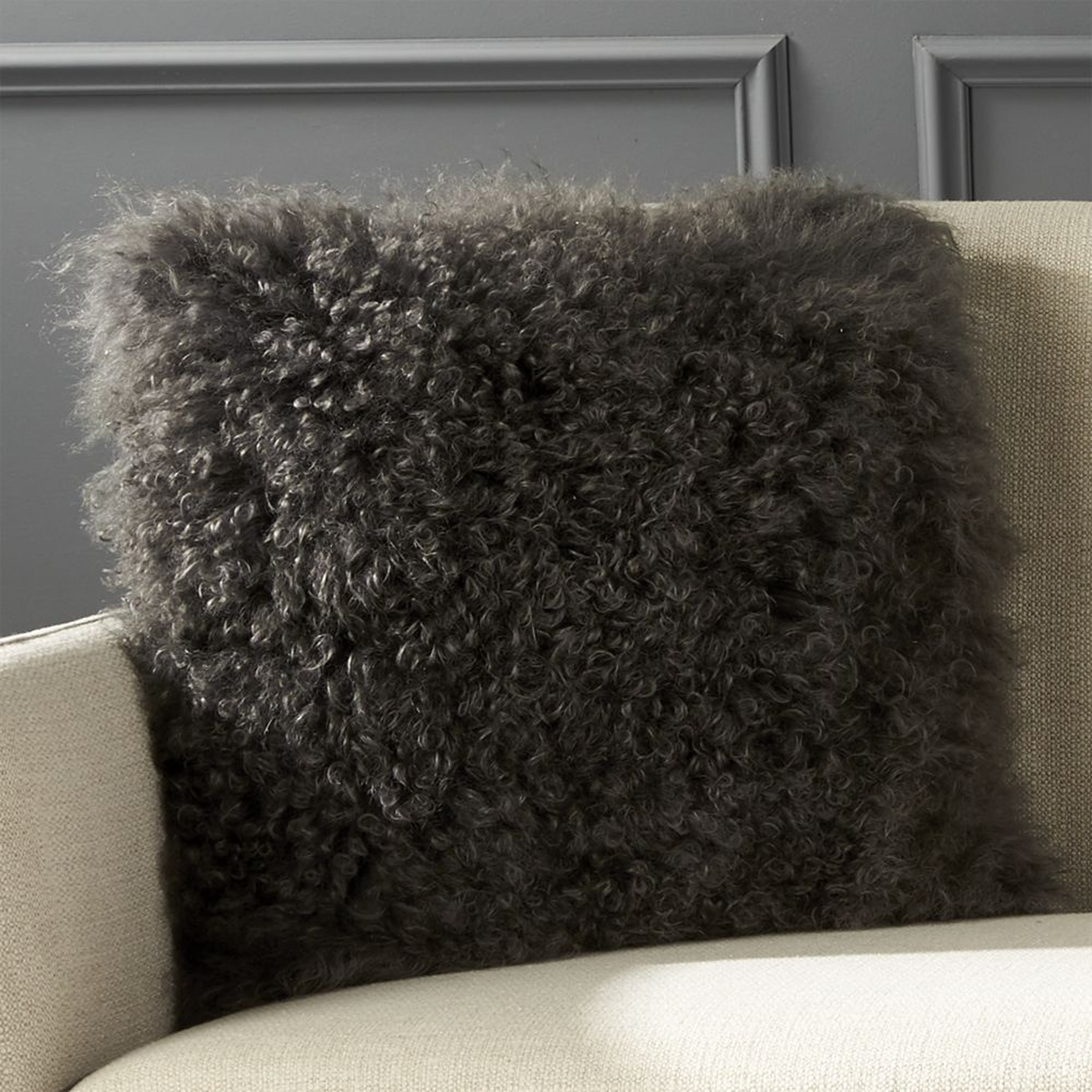 "16"" Mongolian Carbon Sheepskin Pillow with Feather-Down Insert" - CB2
