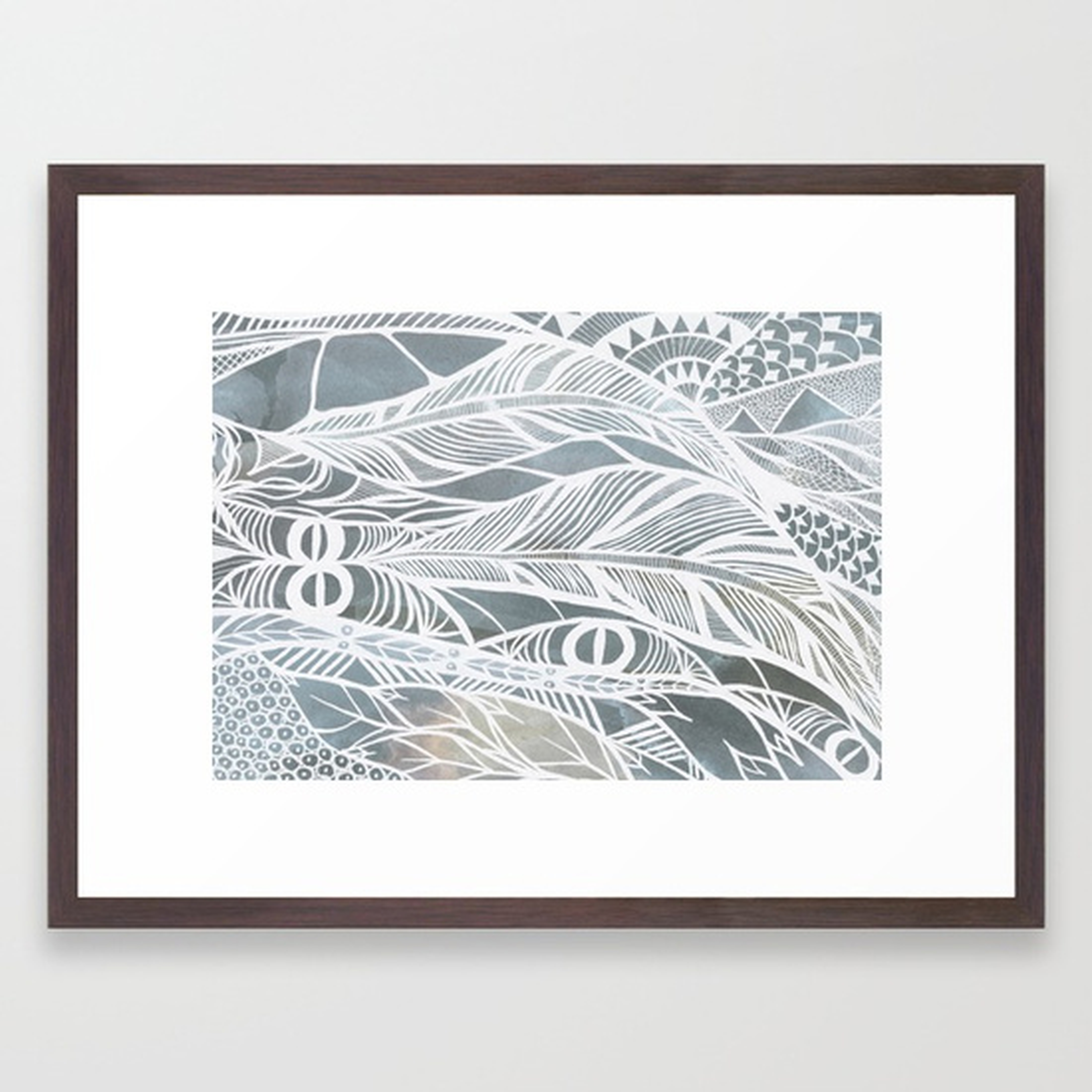 Muted Grey Feathers by Call Me Ashmael; Conversation Walnut Frame; 20"x26" - Society6