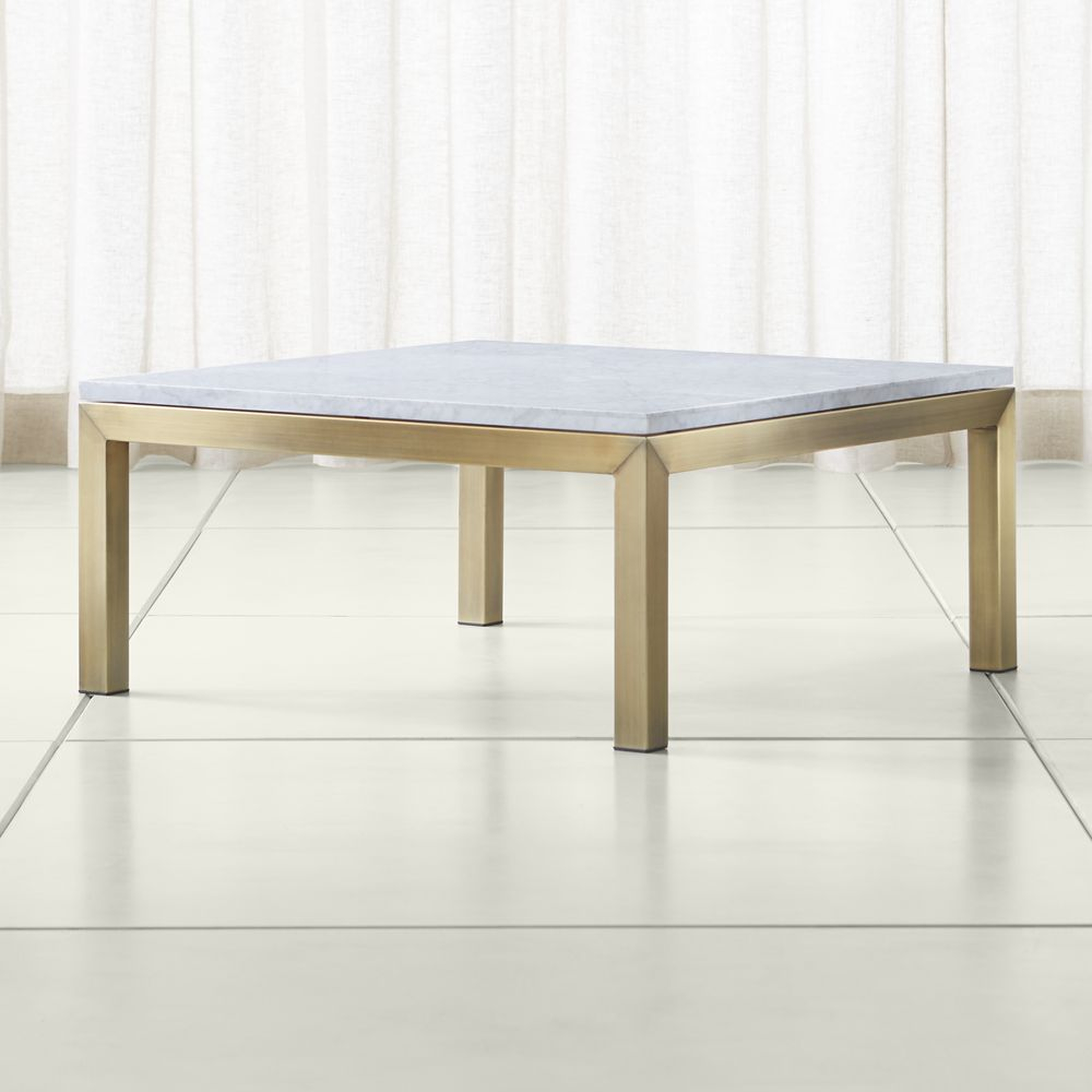 Parsons White Marble Top/ Brass Base 36x36 Square Coffee Table - Crate and Barrel