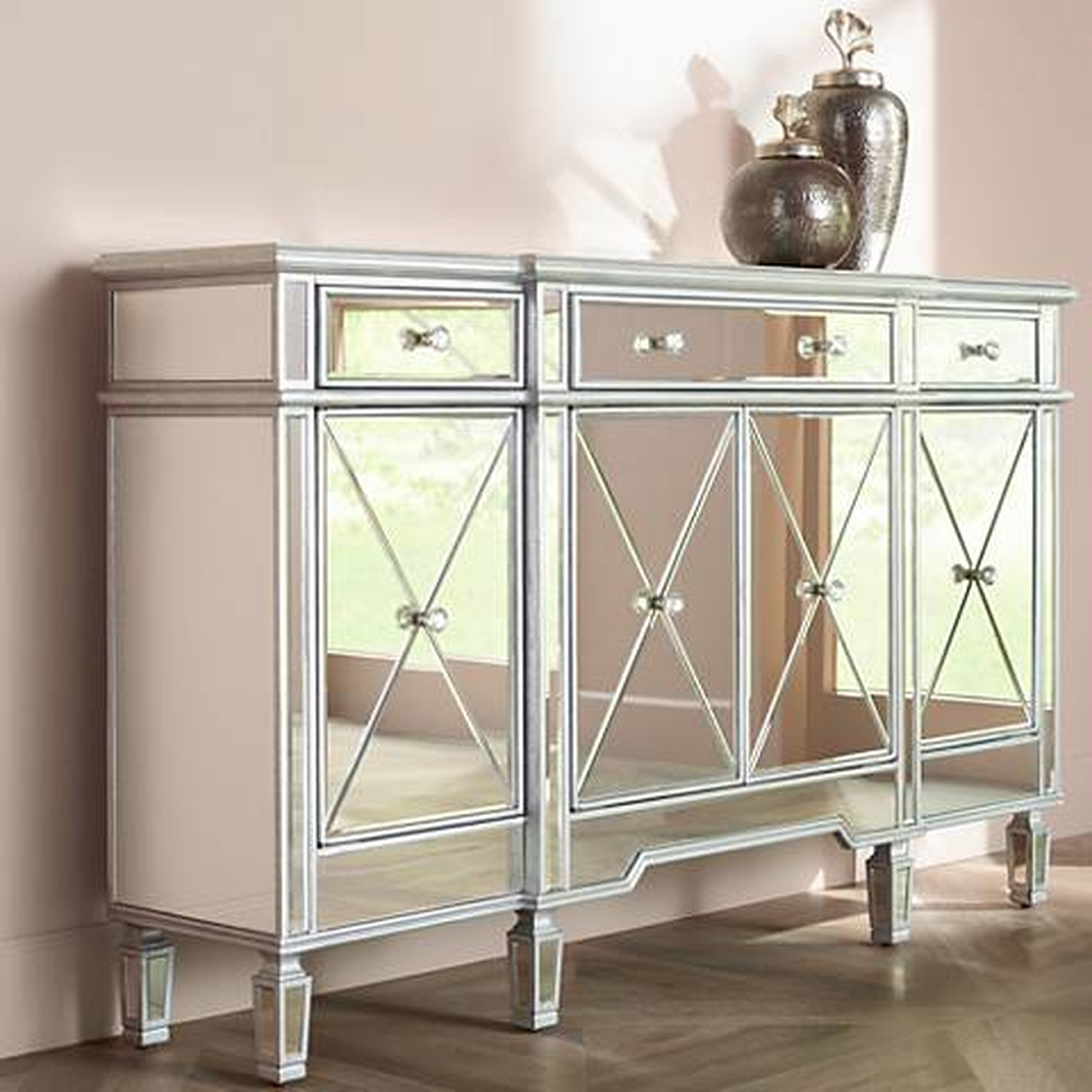 Bayley 60" Wide 4-Door 3-Drawer Silver Mirrored Cabinet - Lamps Plus