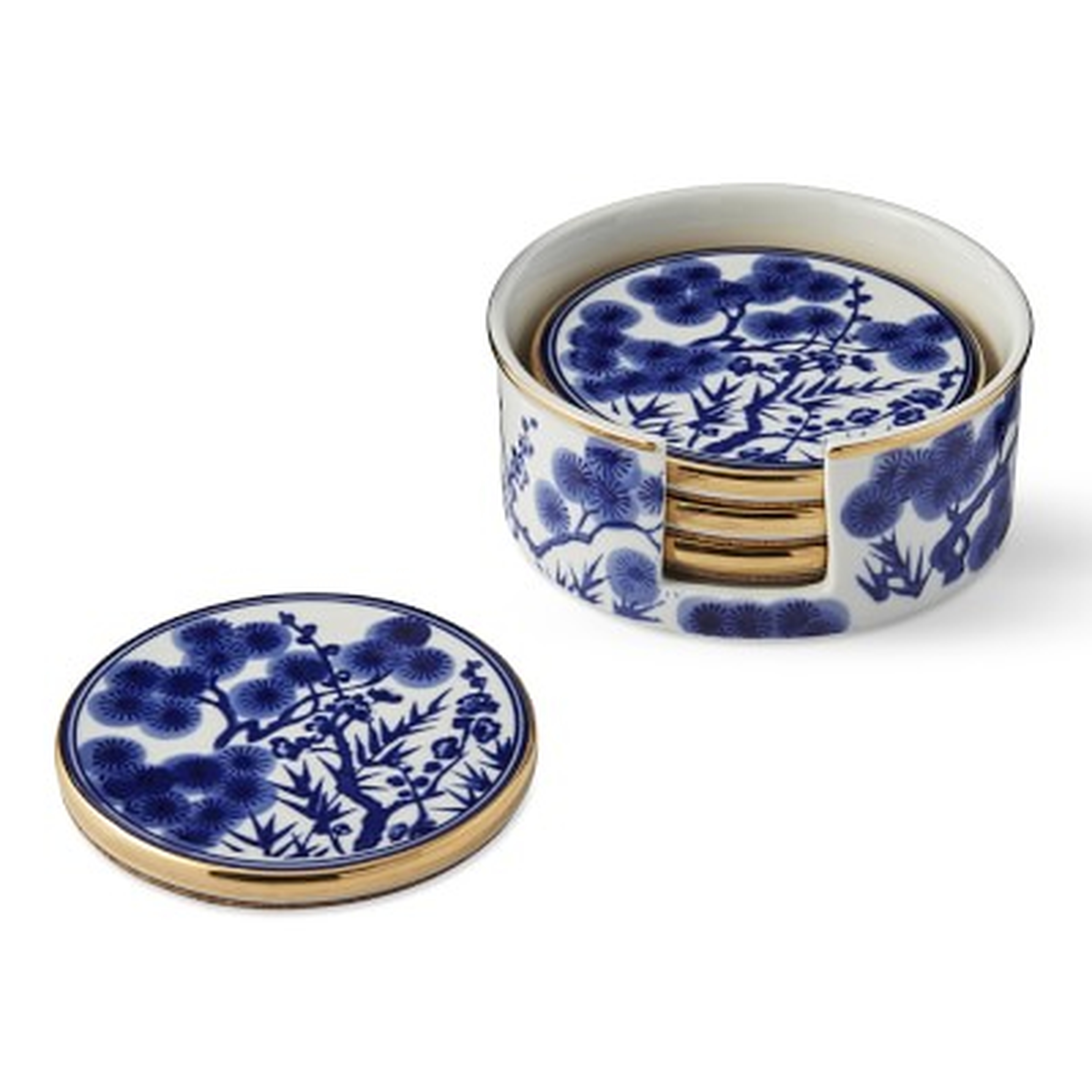 Chinoiserie Ceramic Coasters and Holder, Blue and White - Williams Sonoma