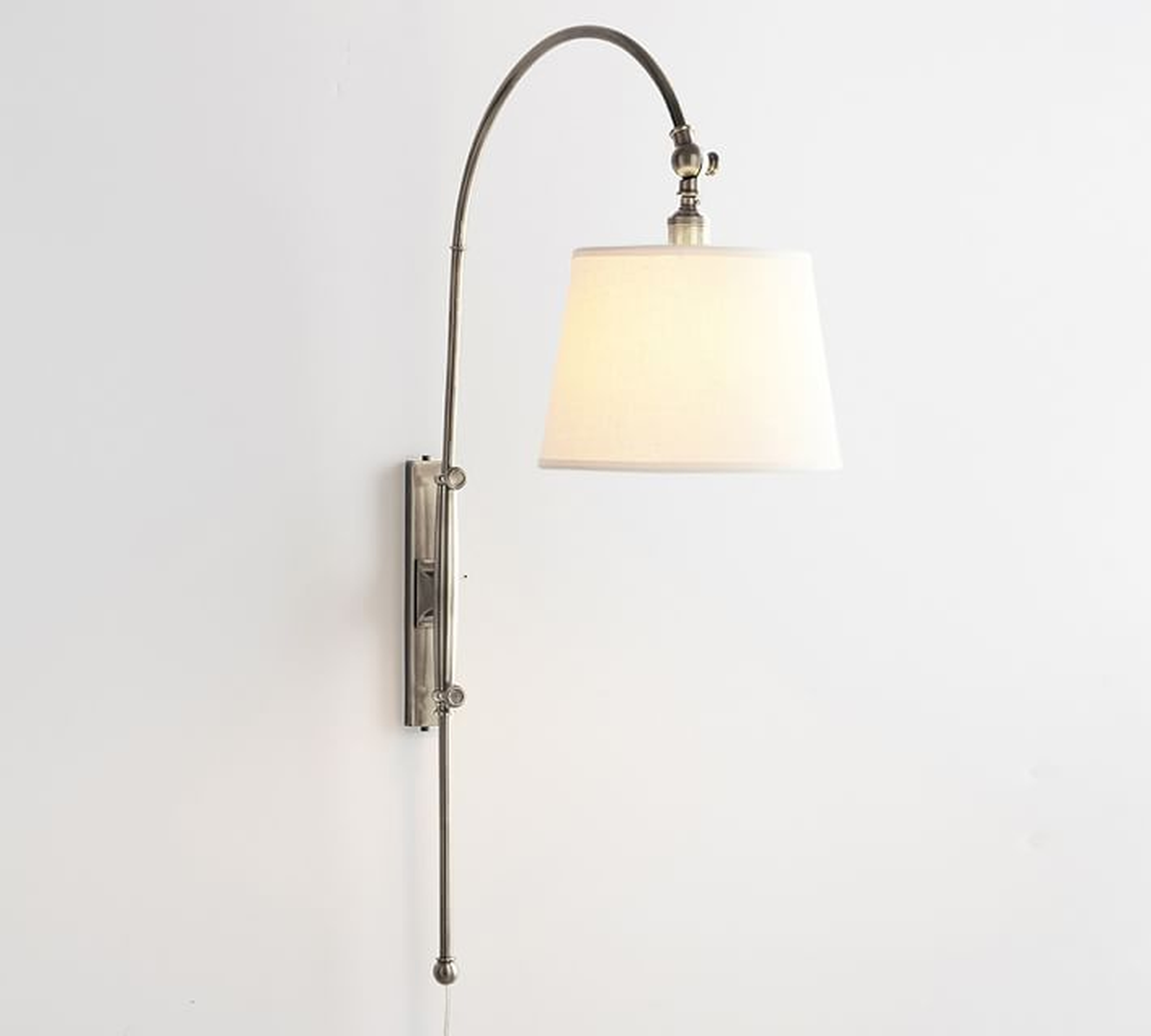 CFL Adjustable Arc Plug-in Sconce with White Shade, Antique Nickel - Pottery Barn