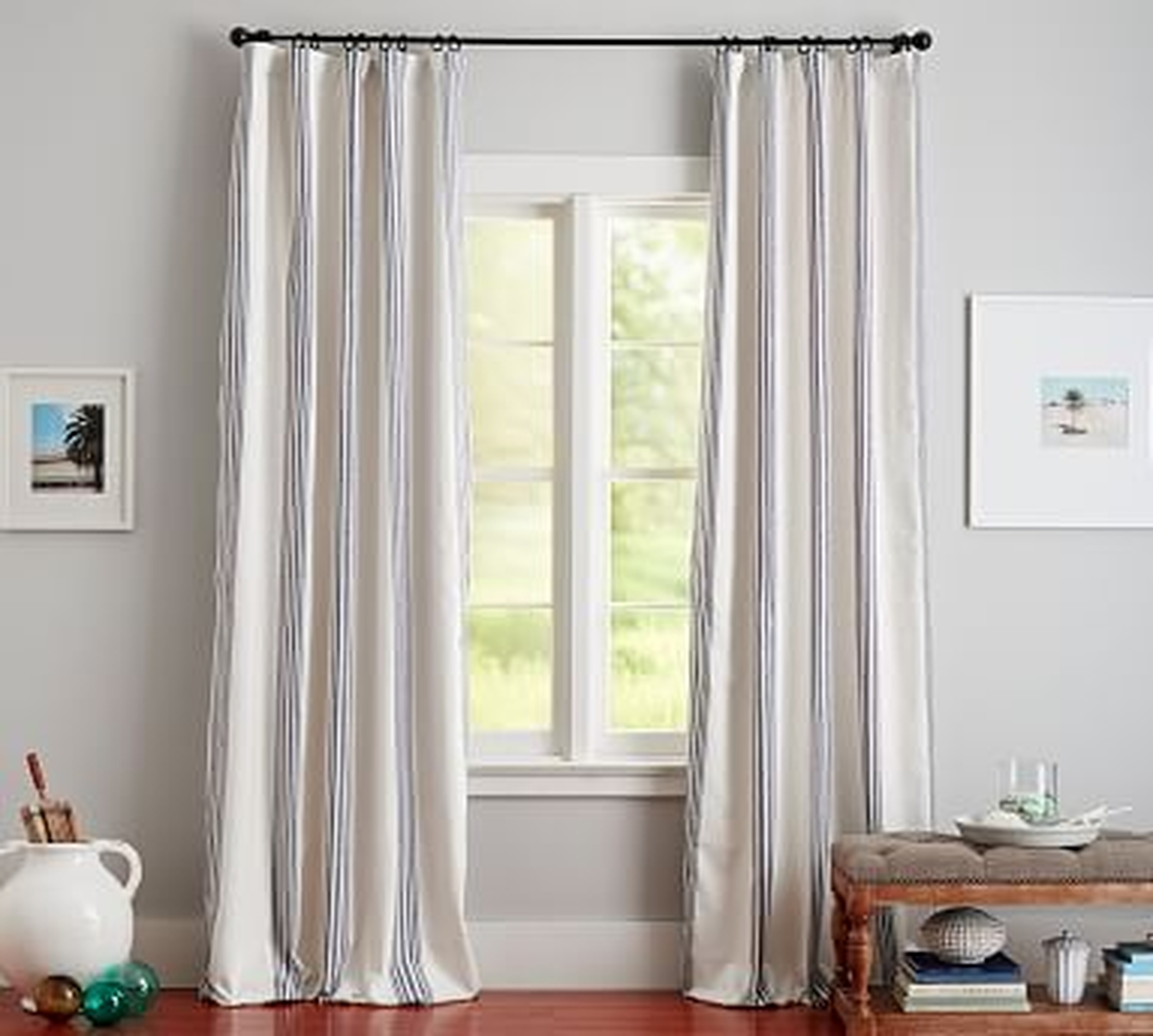 Riviera Stripe Drape with Blackout Liner, 50 x 96", Charcoal - Pottery Barn