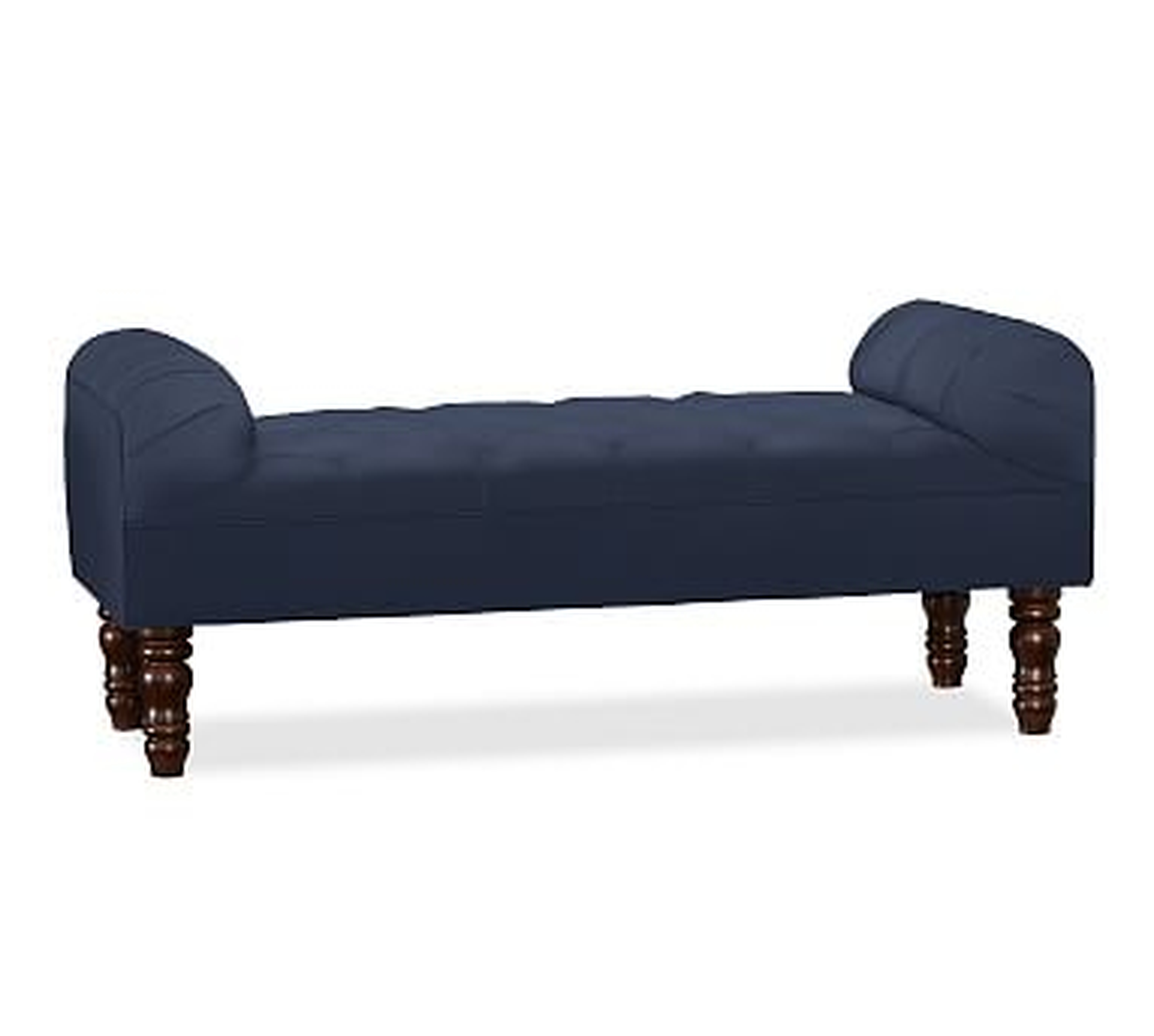 Lorraine Upholstered Tufted Bench, Twill Cadet Navy with Espresso stain - Pottery Barn