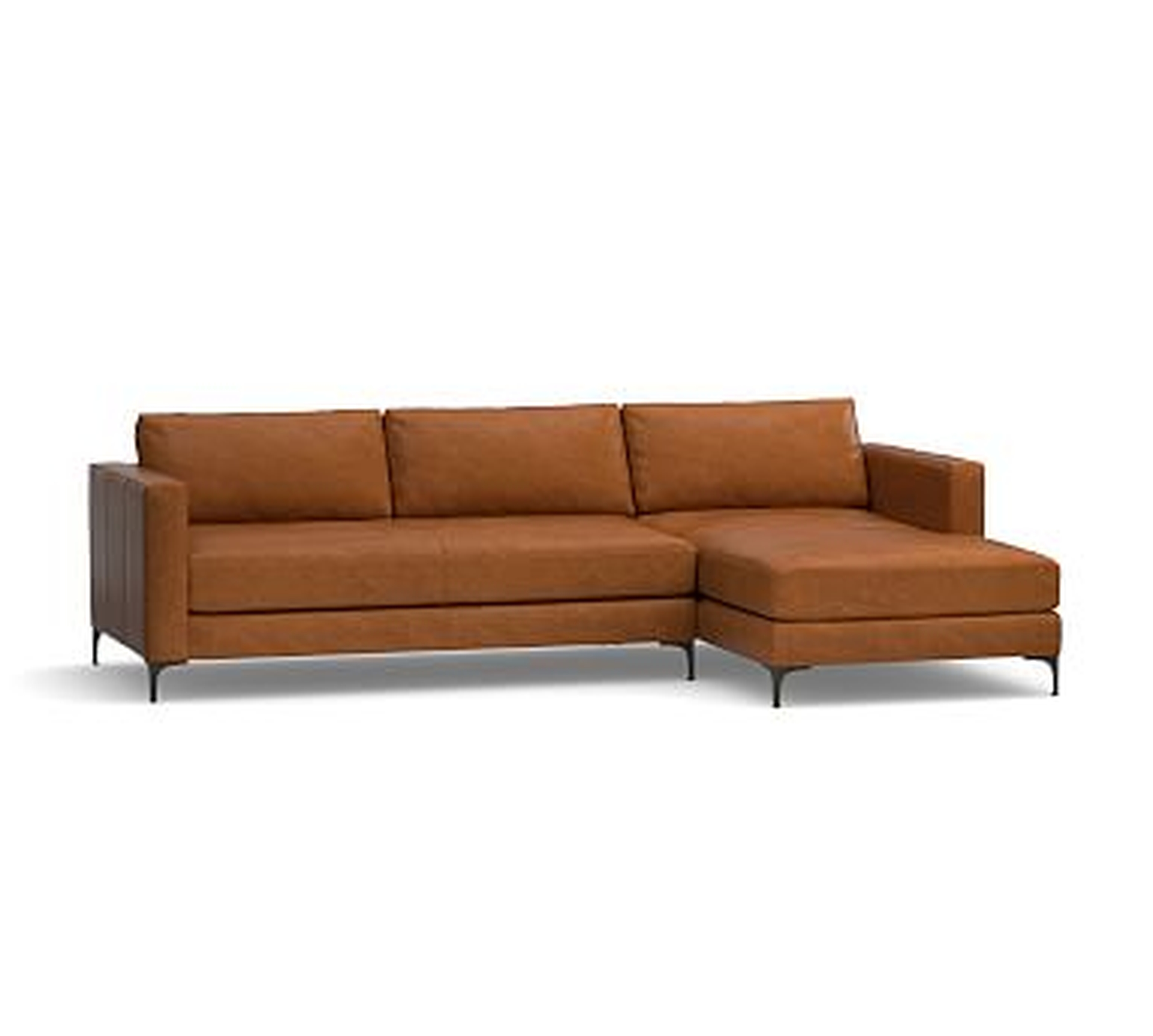 Jake Leather Left Arm Loveseat with Chaise Sectional, Bench Cushion and Bronze Legs, Down Blend Wrapped Cushions, Vintage Caramel - Pottery Barn