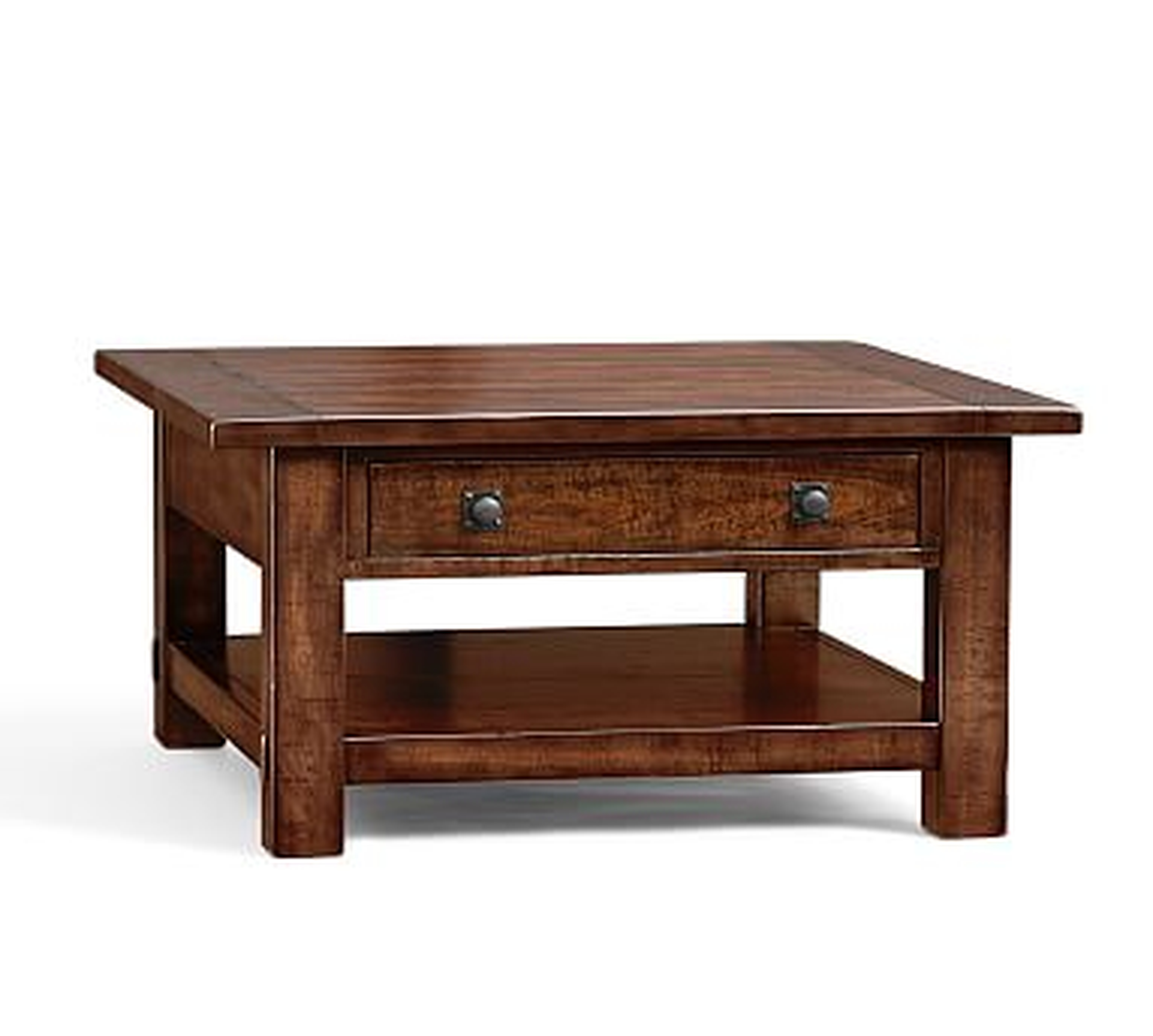 Benchwright Square Wood Coffee Table with Drawer, Rustic Mahogany, 36"L - Pottery Barn