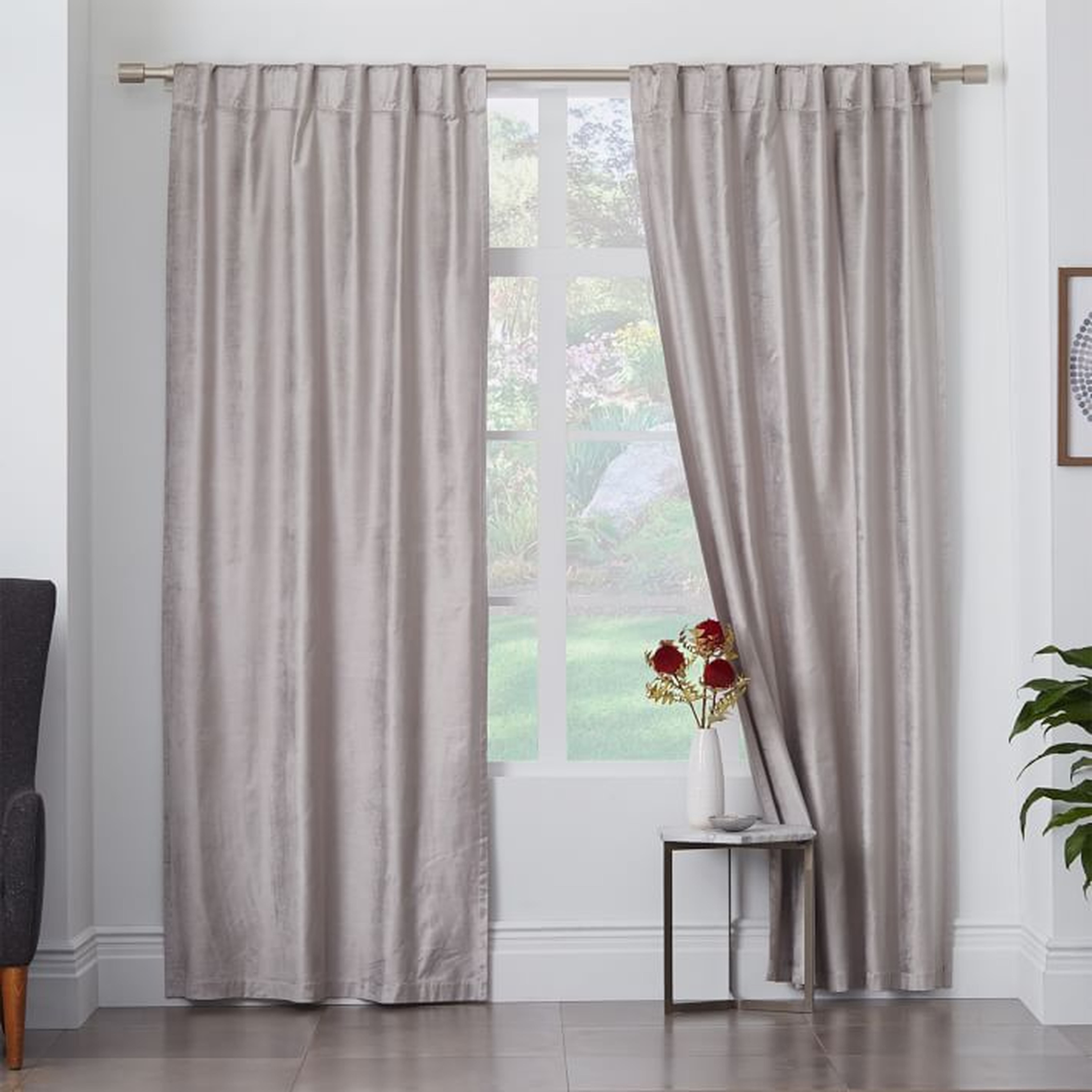 Cotton Luster Velvet Curtain - Platimun, single panel - UNLINED - West Elm