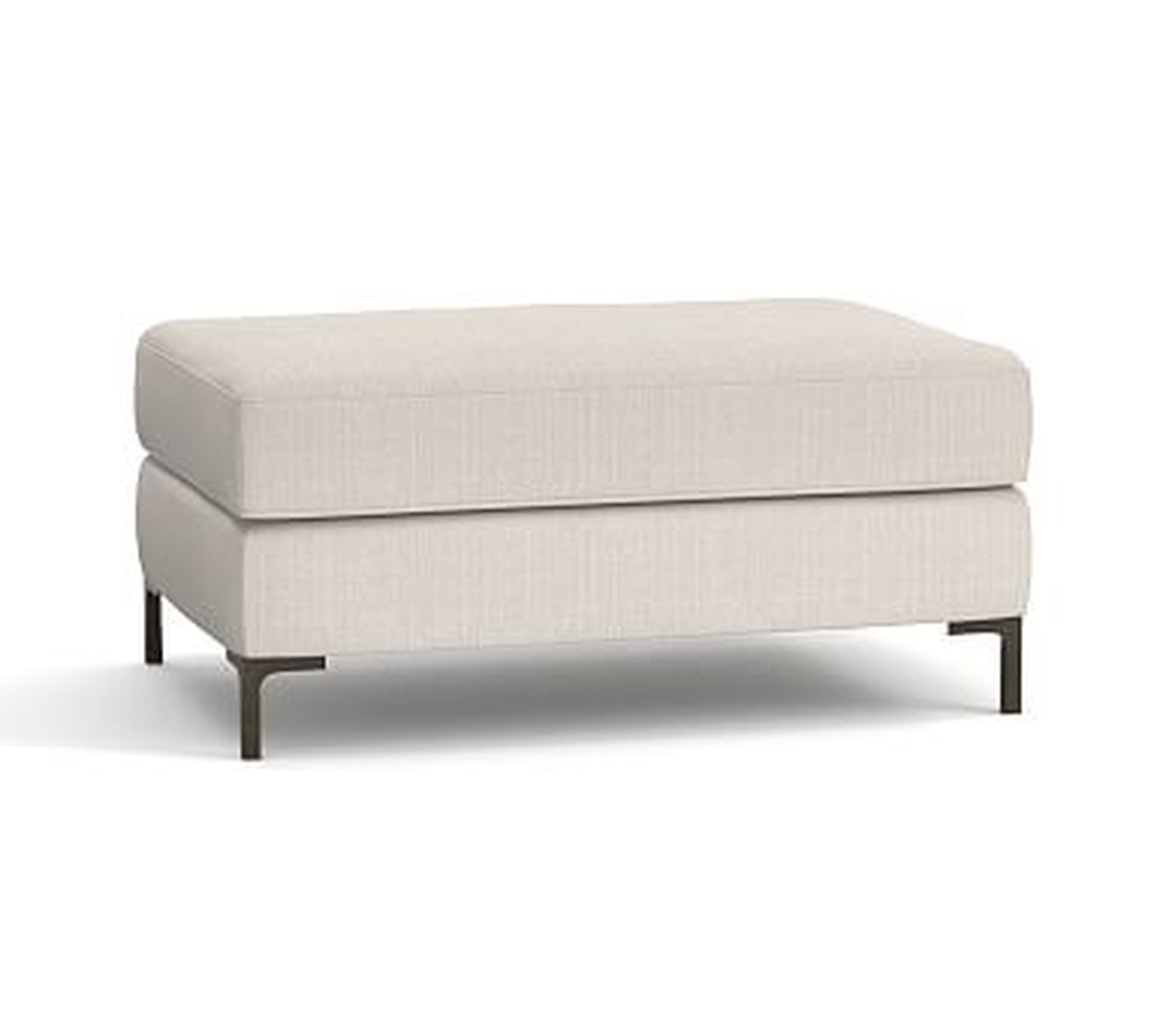 Jake Upholstered Ottoman with Bronze Legs, Polyester Wrapped Cushions, Sunbrella(R) Performance Boss Tweed Pebble - Pottery Barn