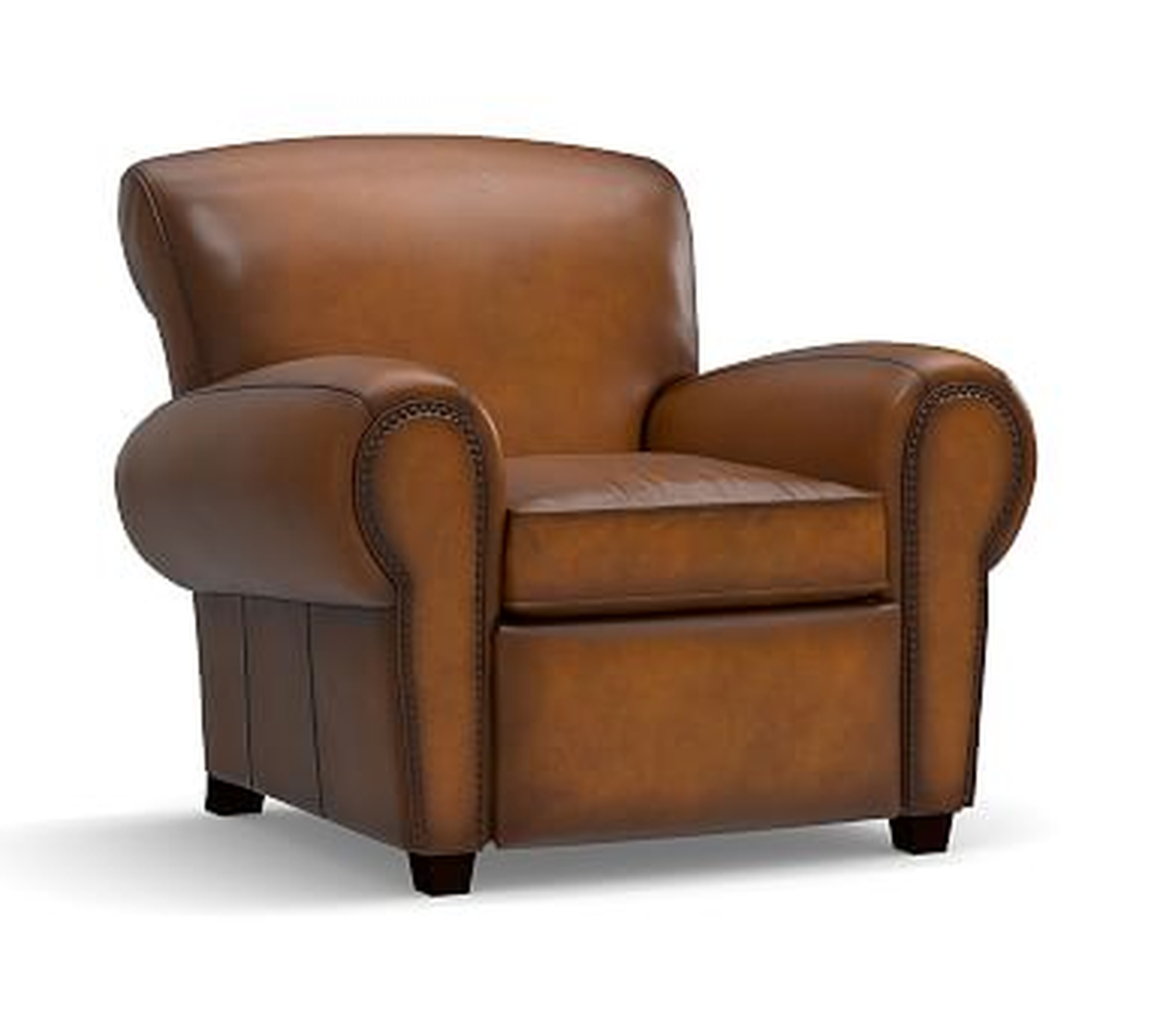 Manhattan Leather Recliner with Bronze Nailheads, Polyester Wrapped Cushions, Burnished Bourbon - Pottery Barn