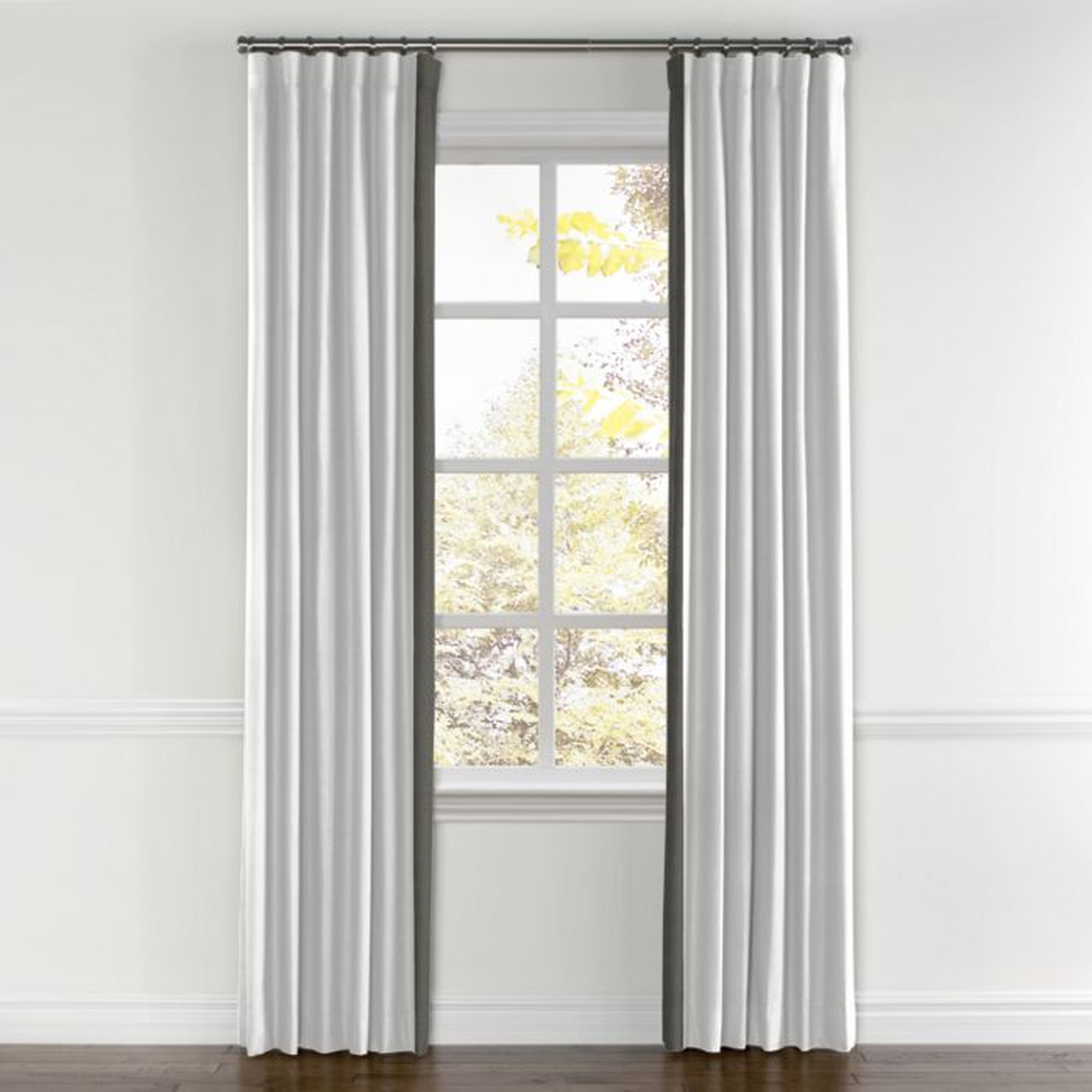 Custom Convertible Ring Top Drapery - Front: Classic Linen Pure White, Trim: Leading Edge Border Classic Linen Iron, Panel Type: Pair, Split Draw, W: 102", L: 93.5", Lining: Privacy - Loom Decor