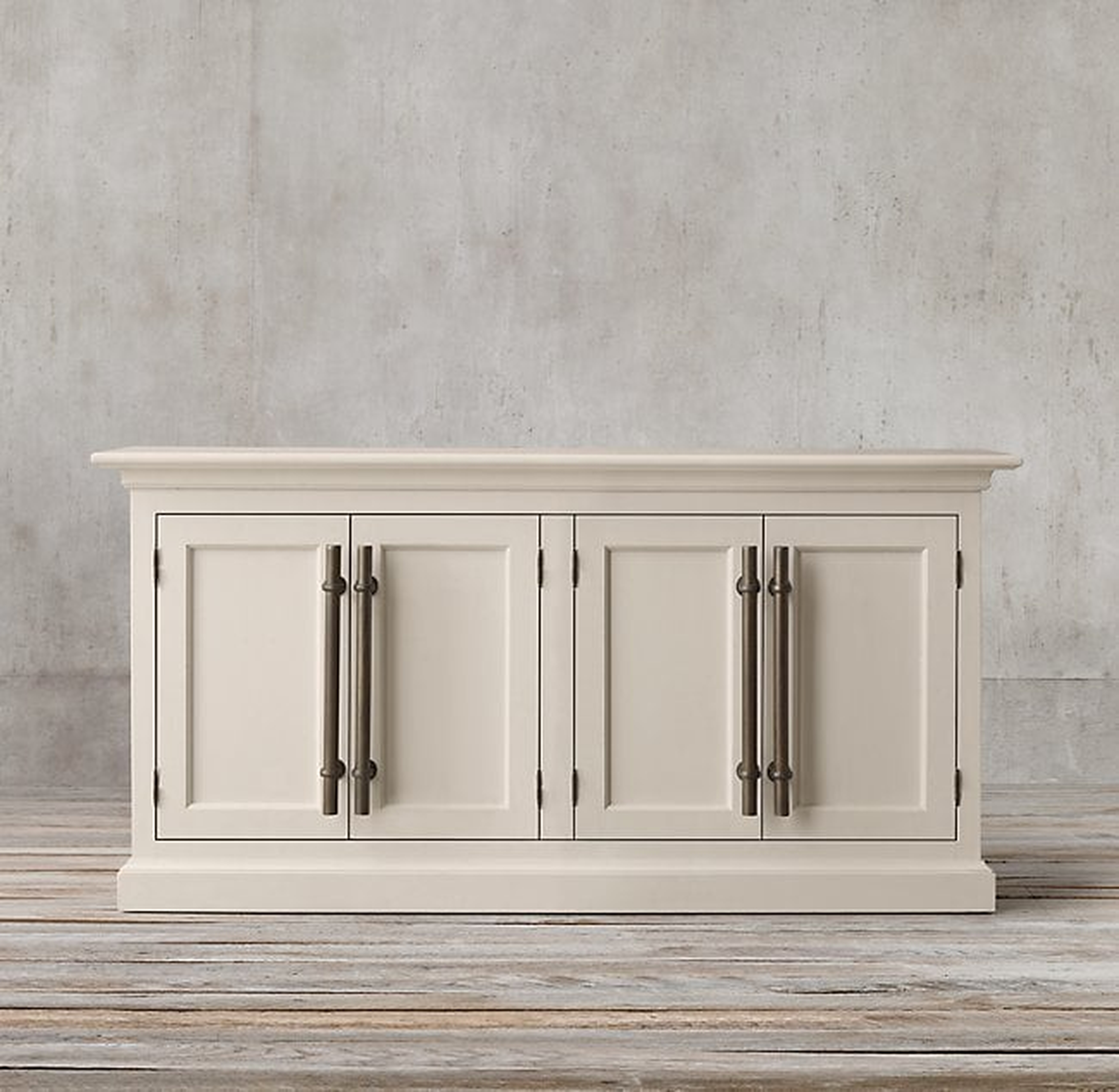 20TH C. ENGLISH BRASS BAR PULL PANEL 4-DOOR SIDEBOARD- Waxed White - RH