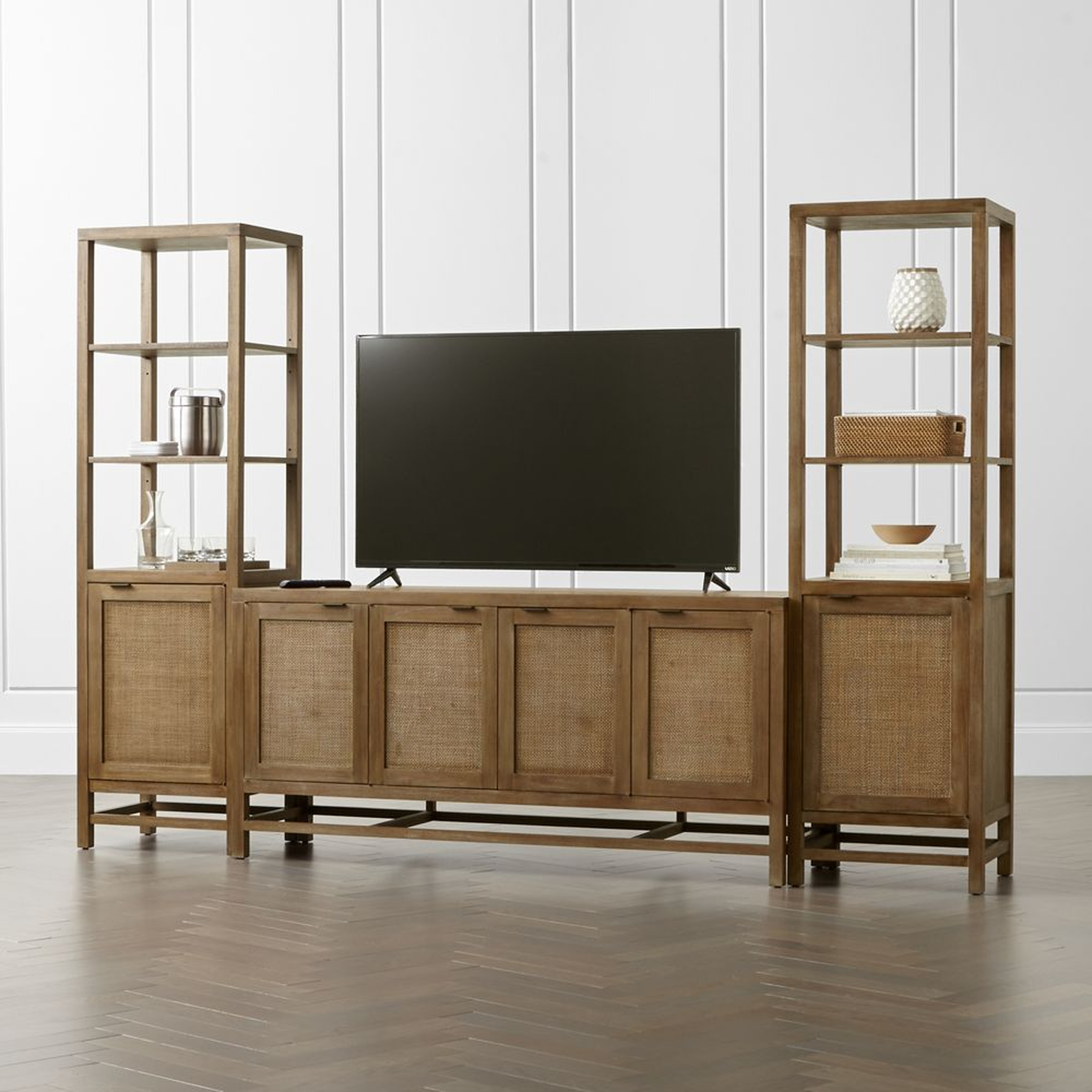 Blake 68" Light Brown Teak and Rattan Storage Media Console with 2 Tall Cabinets - Crate and Barrel