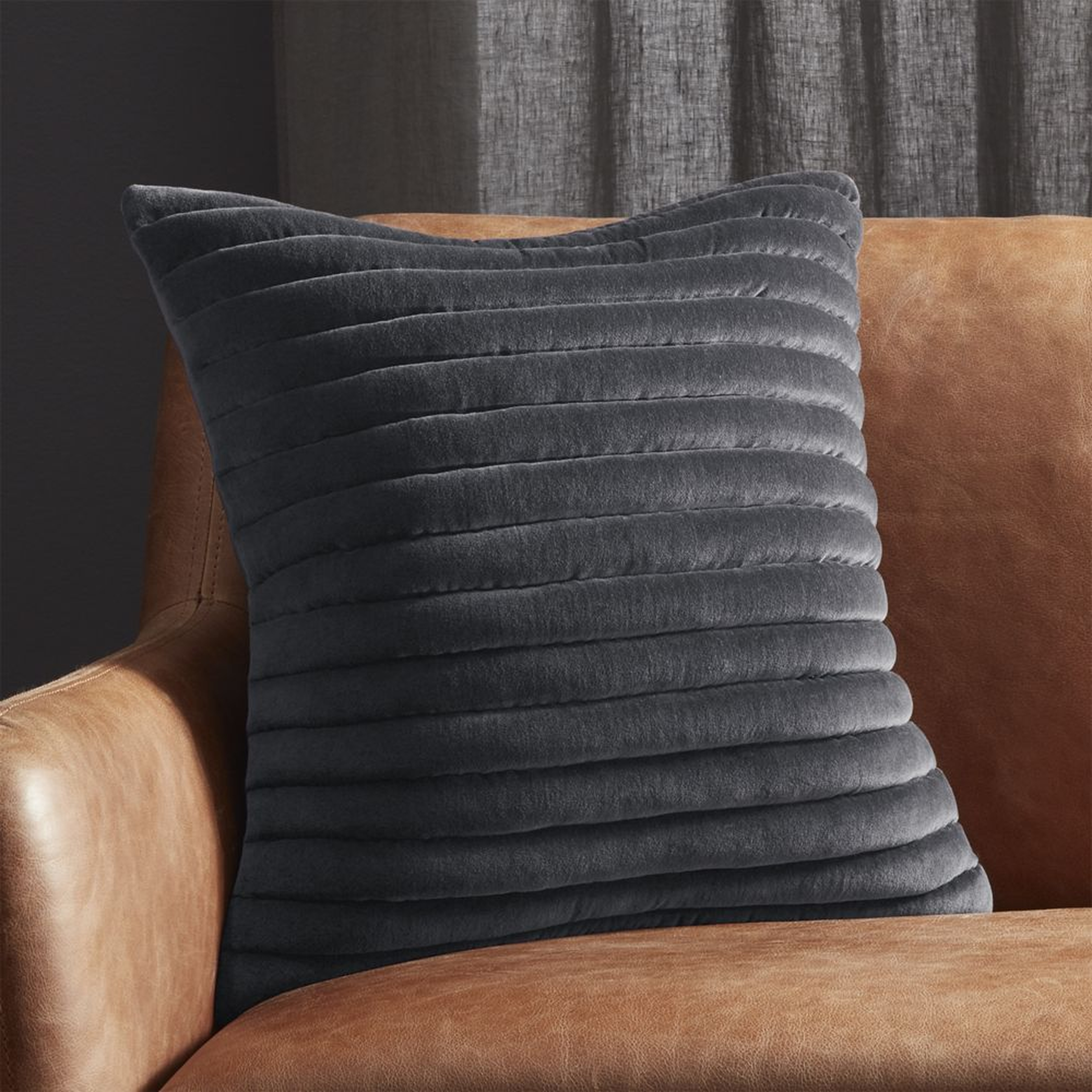 "18"" Channeled Dark Grey Velvet Pillow with Feather-Down Insert" - CB2