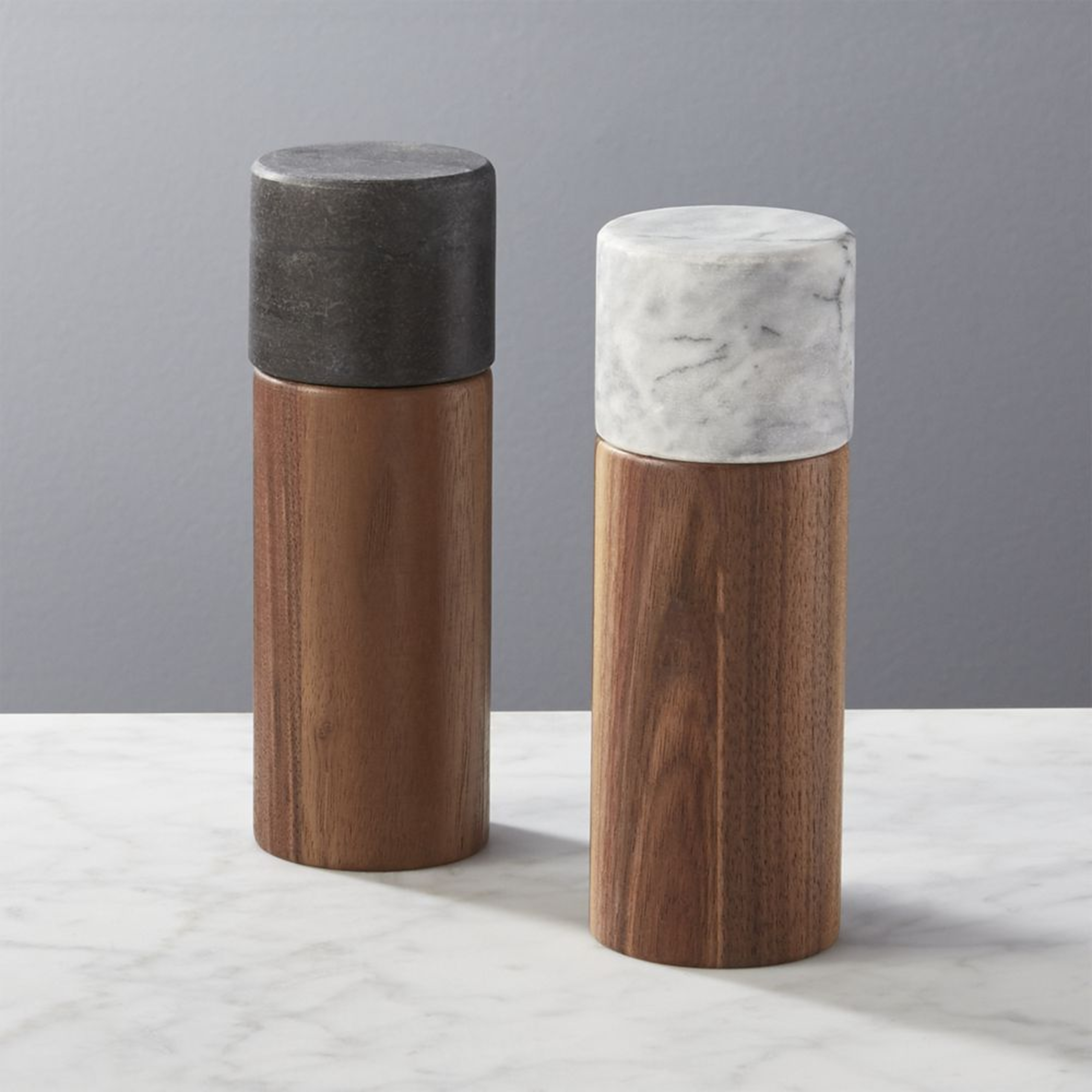 2-Piece Walnut and Marble Salt and Pepper Grinder Set of 2 - CB2
