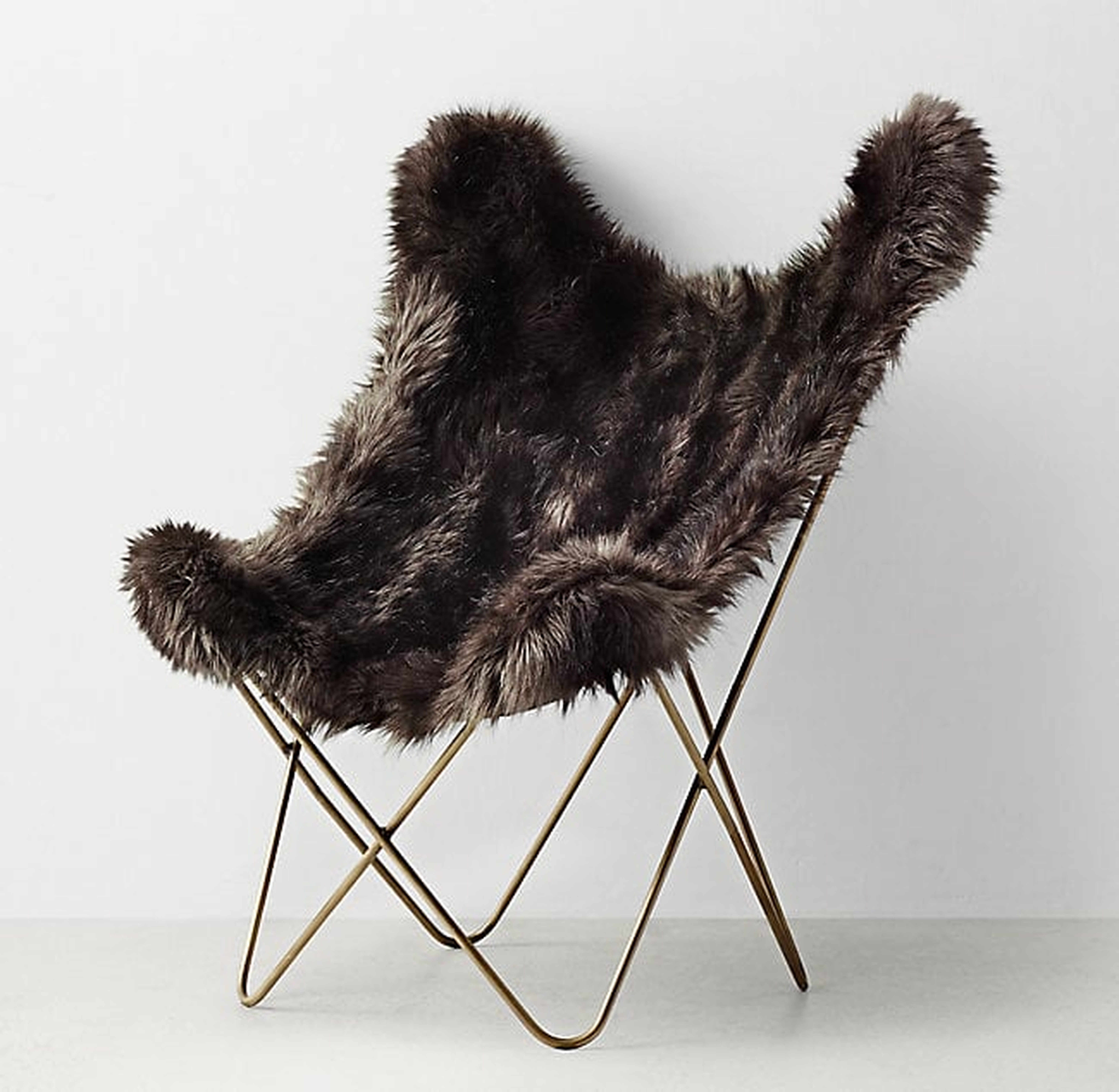 TYE RUSSIAN BLACK MINK EXOTIC FAUX FUR BUTTERFLY CHAIR - LIGHT AGED BRASS - RH Teen