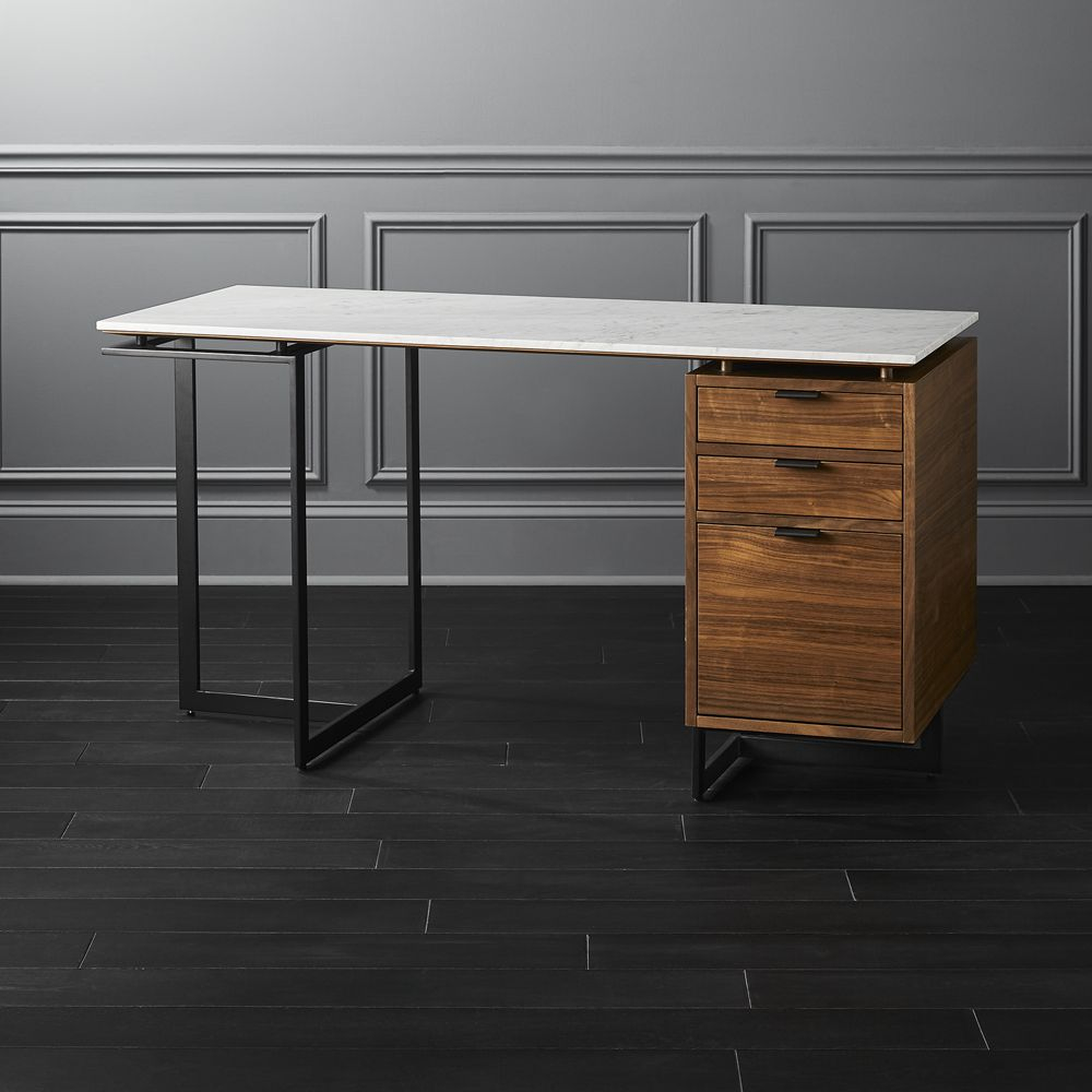 Fullerton 3-Drawer Metal and Walnut Wood Desk with White Marble Top - CB2
