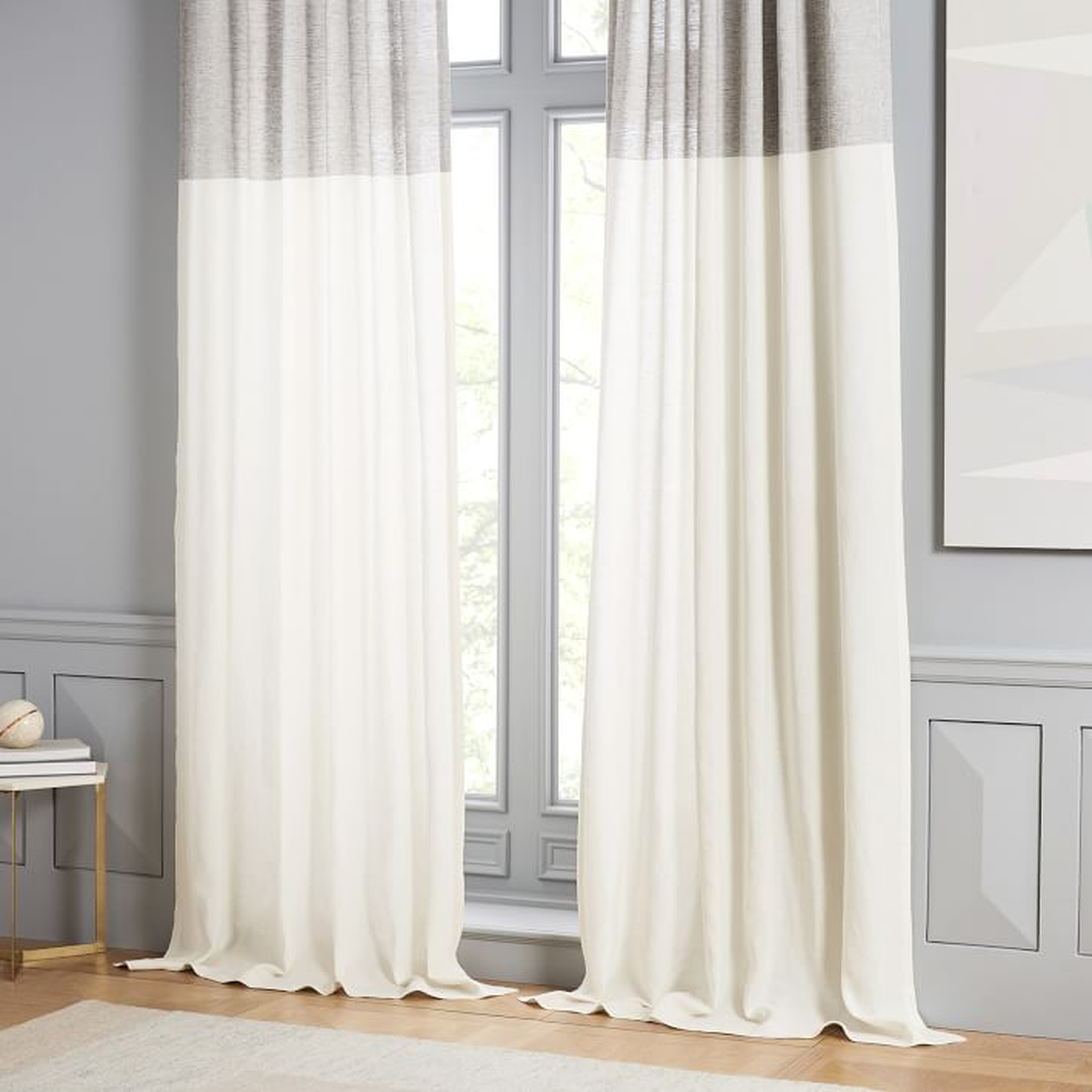 Belgian Linen Contrast Stripe Curtain, Stone White/Slate, 48"X84" - West Elm
