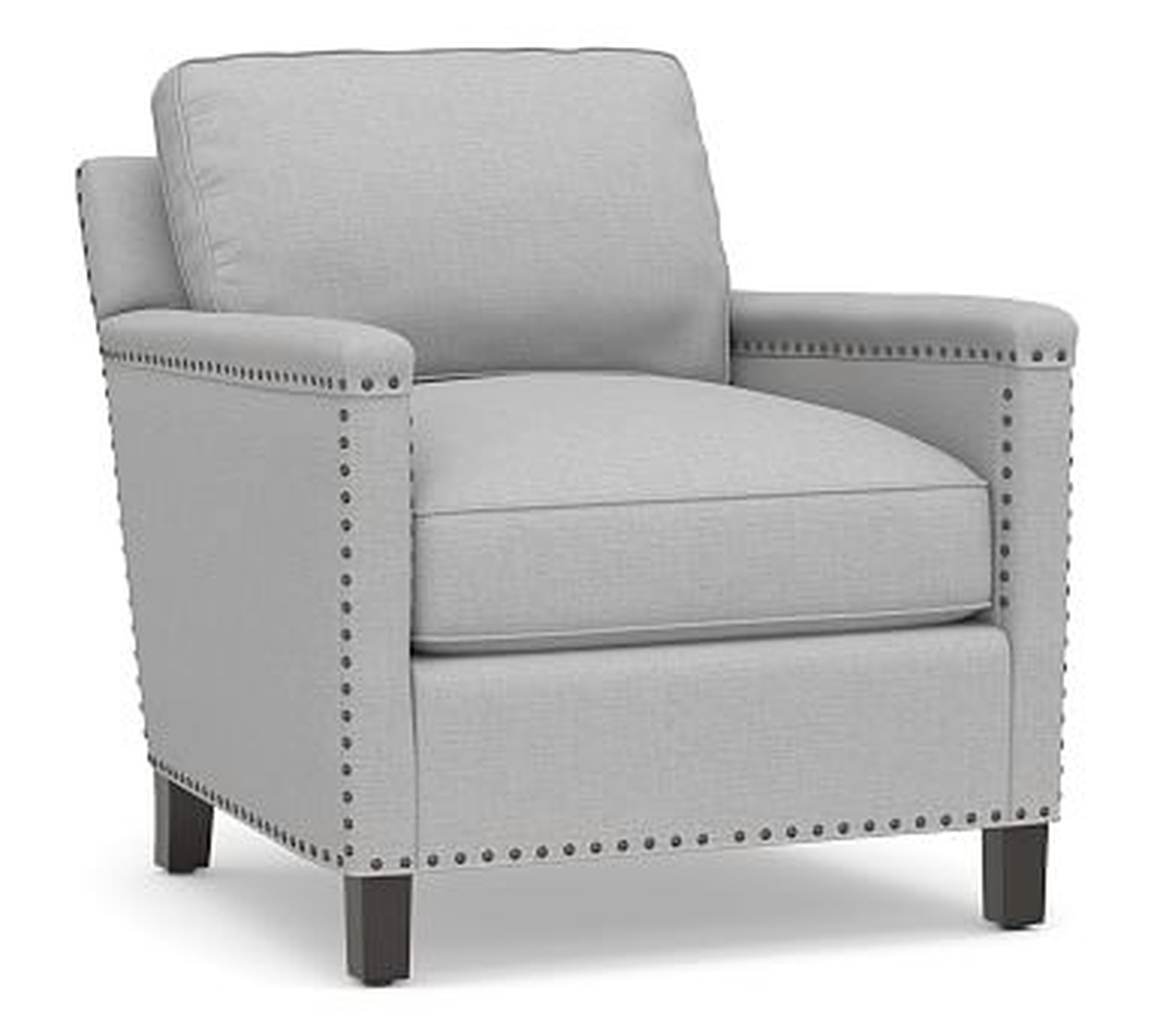 Tyler Upholstered Armchair with Bronze Nailheads, Down Blend Wrapped Cushions, Brushed Crossweave Light Gray - Pottery Barn