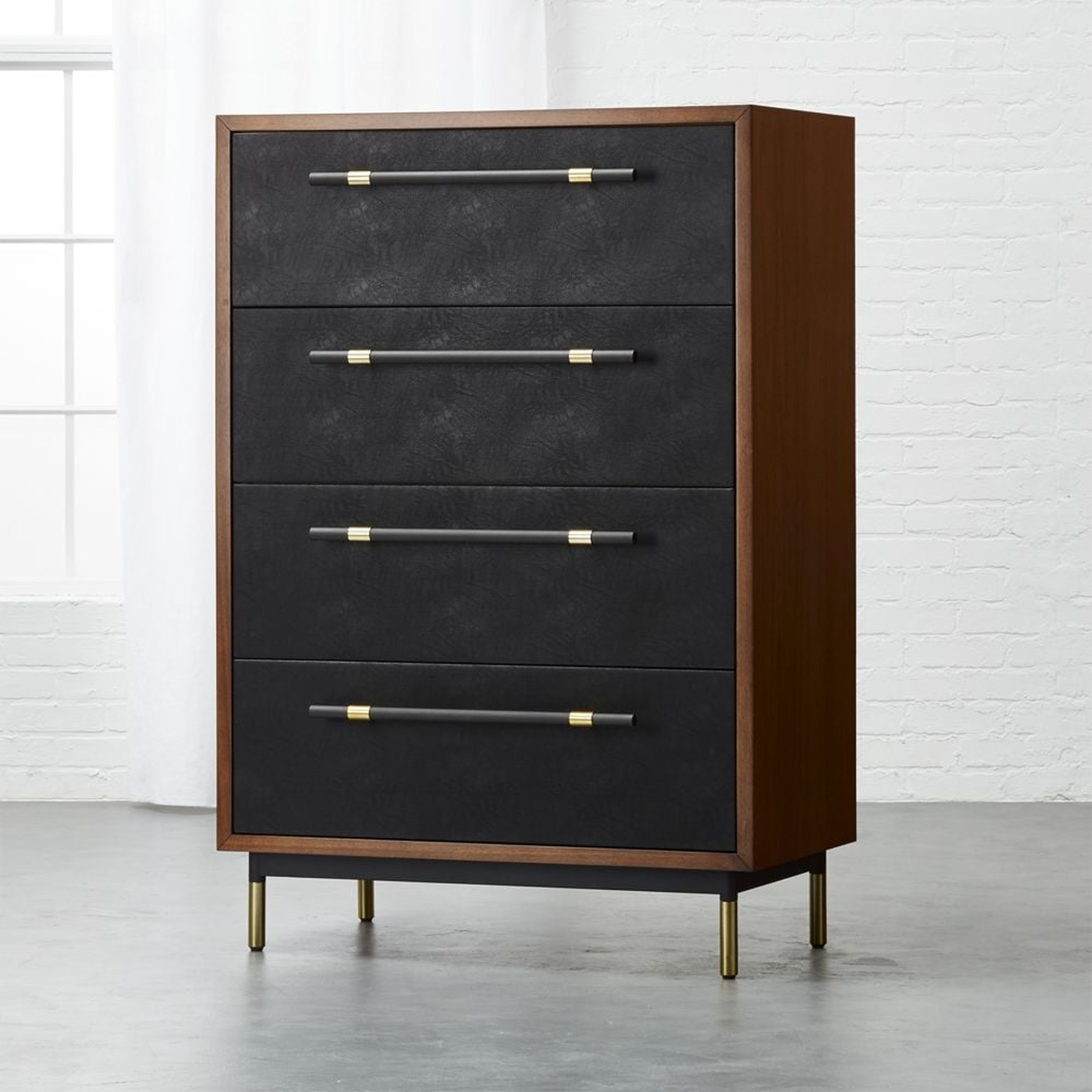 Oberlin Tall 4-Drawer Black Leather and Wood Dresser - CB2