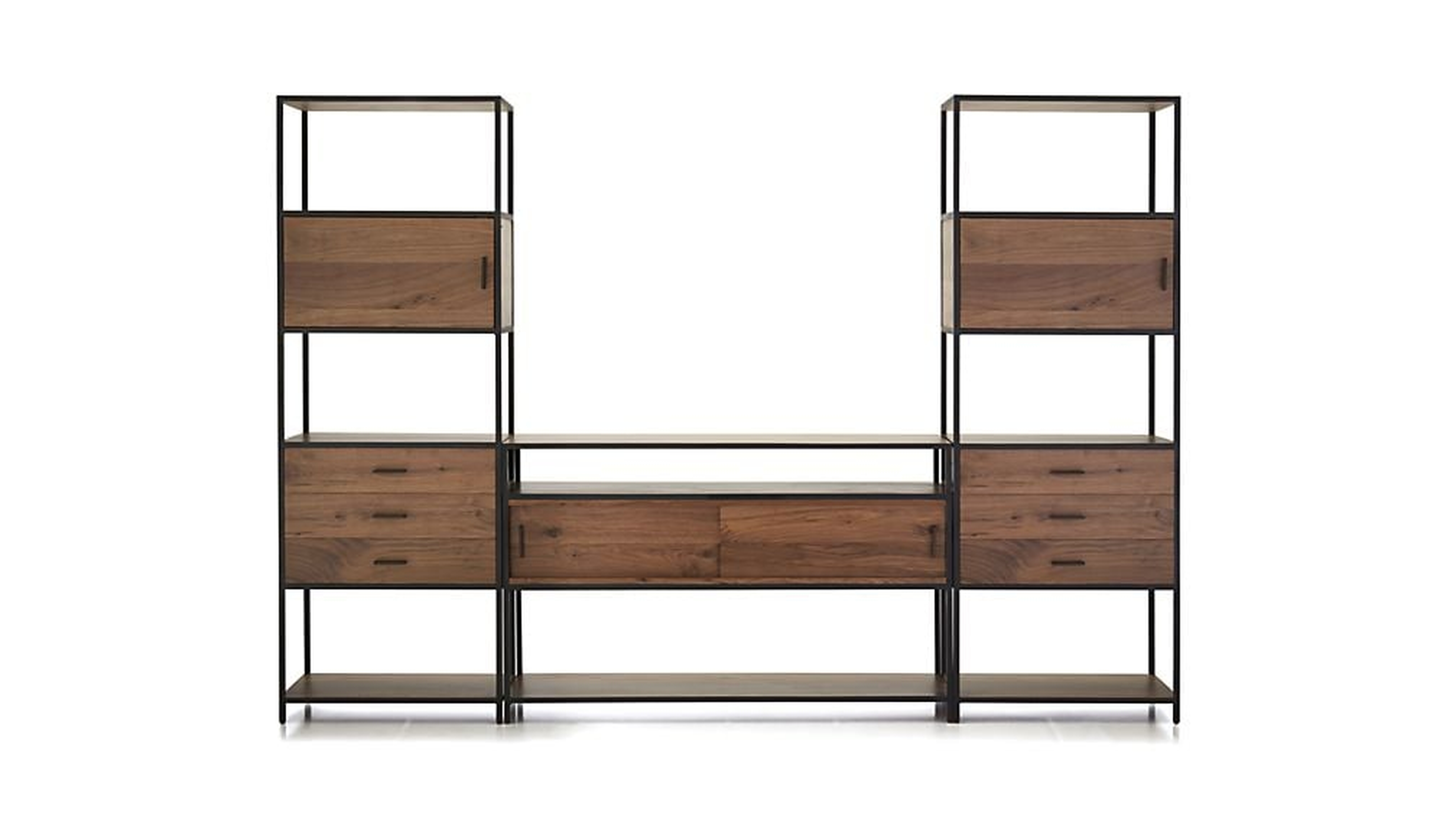 Knox Black Trim and Walnut 56" Storage Media Console with 2 Tall Storage Bookcases - Crate and Barrel