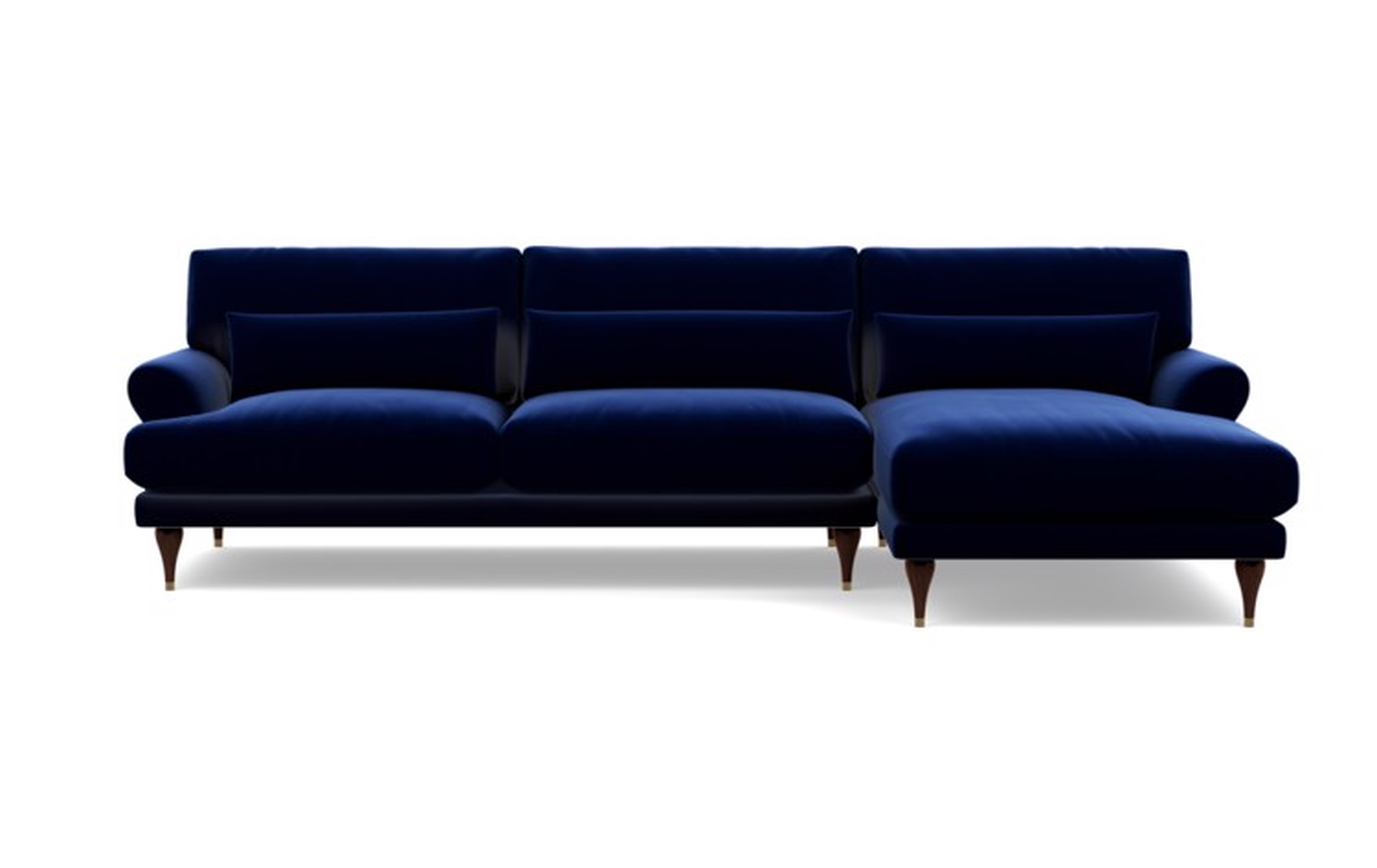 Maxwell Sectional Sofa with Right Chaise - 102" - Oxford Blue Mod Velvet,  Oiled Walnut with Brass Cap Stiletto Leg - Interior Define