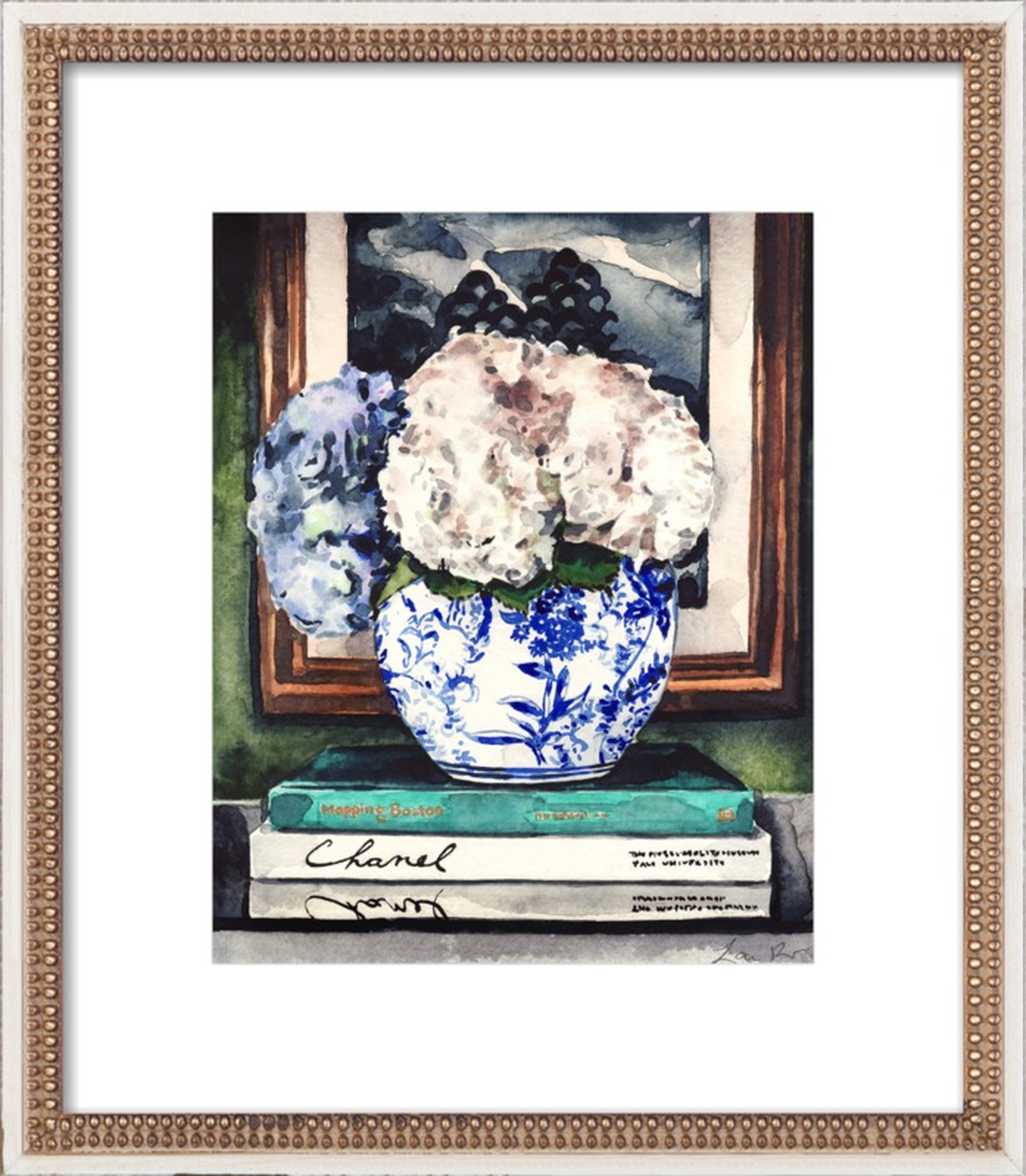 Hydrangeas in Blue and White Chinese Vase - Styled Vignette, 14" x 17"a - Artfully Walls