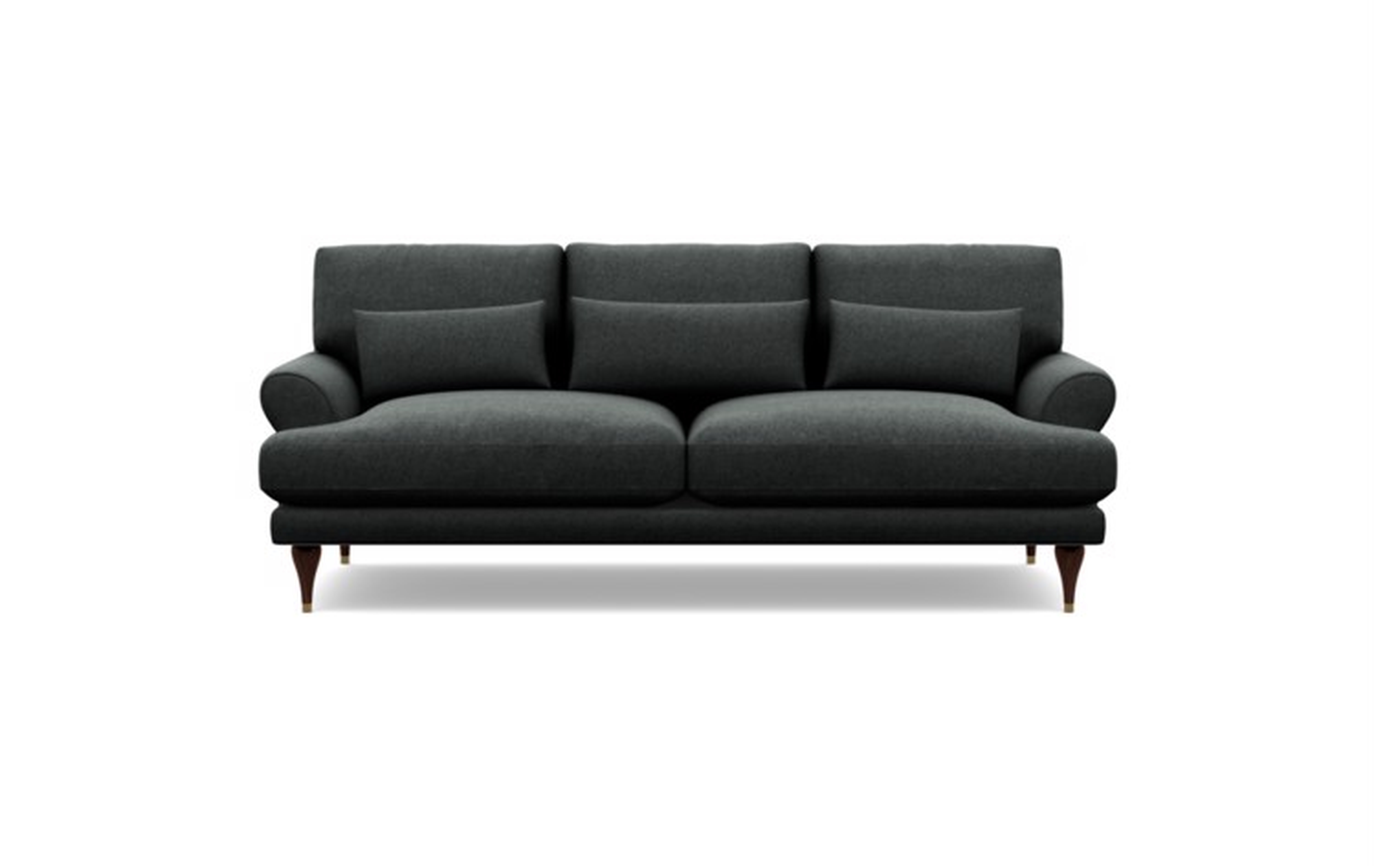 Maxwell Sofa in Onyx Fabric with Oiled Walnut with Brass Cap legs - Interior Define