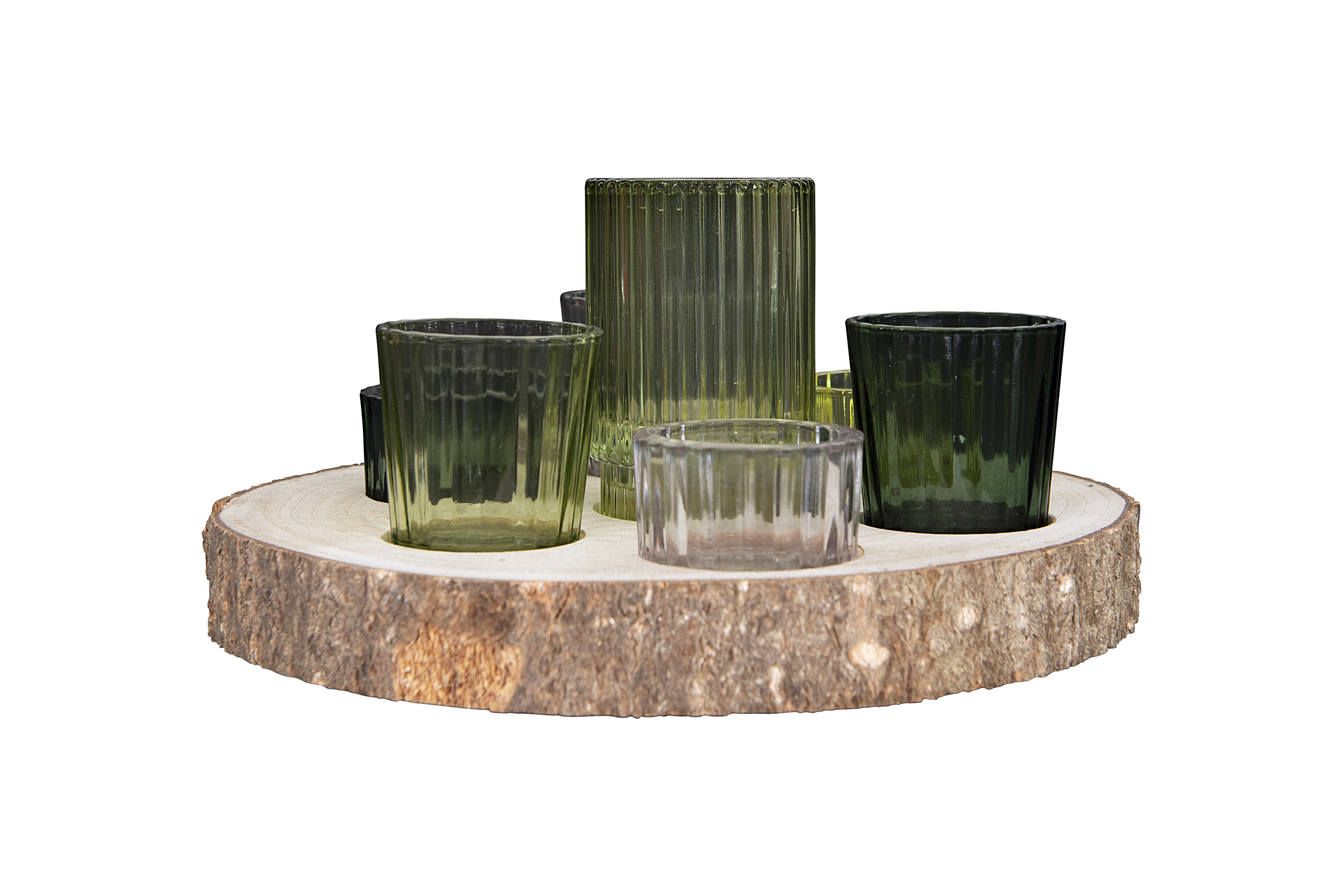 Paulownia Wood Slice with 7 Glass Votive Holders (Set of 8 Pieces) - Nomad Home