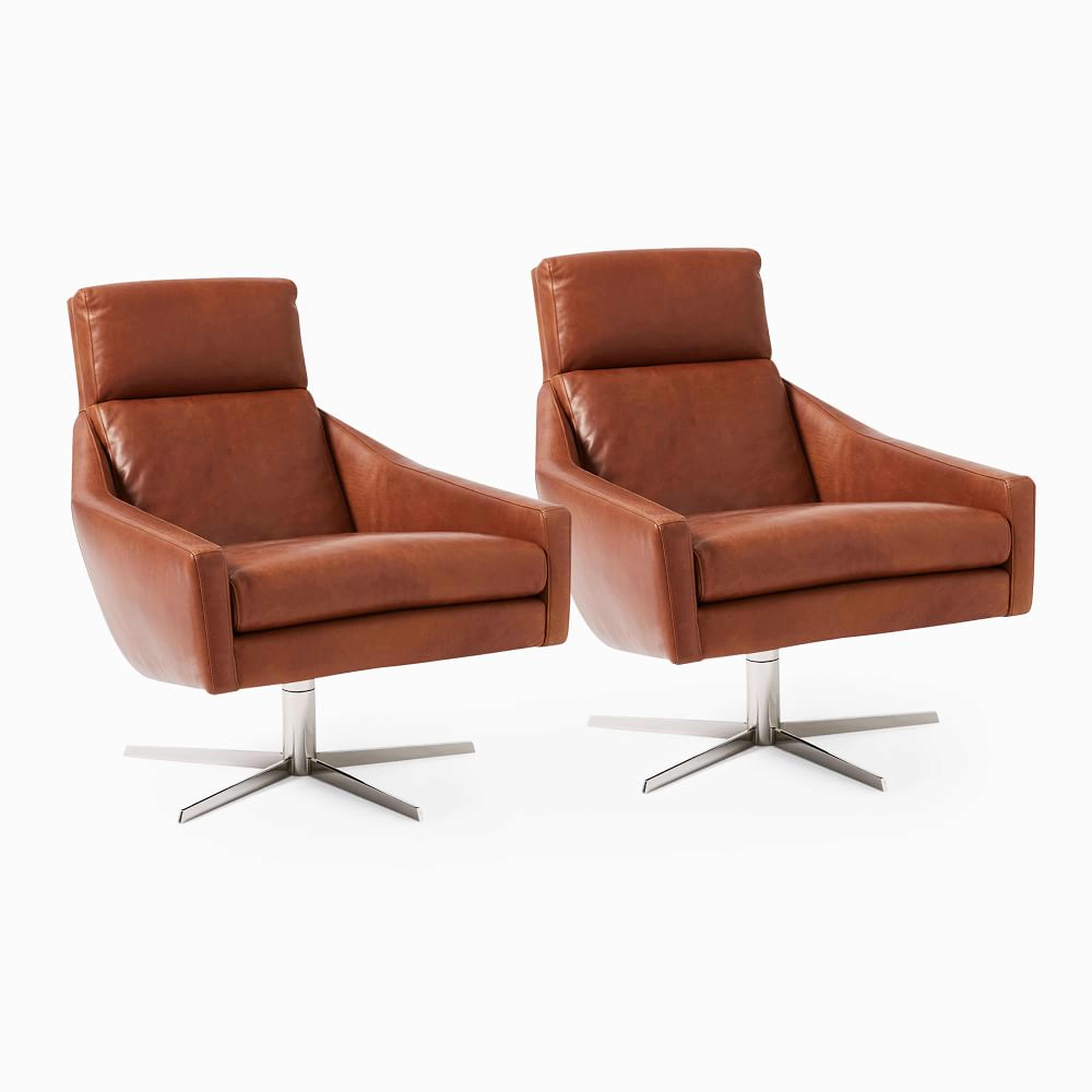 Austin Leather Swivel Chair, Aspen Leather, Chestnut, Polished Nickel, Set of 2 - West Elm