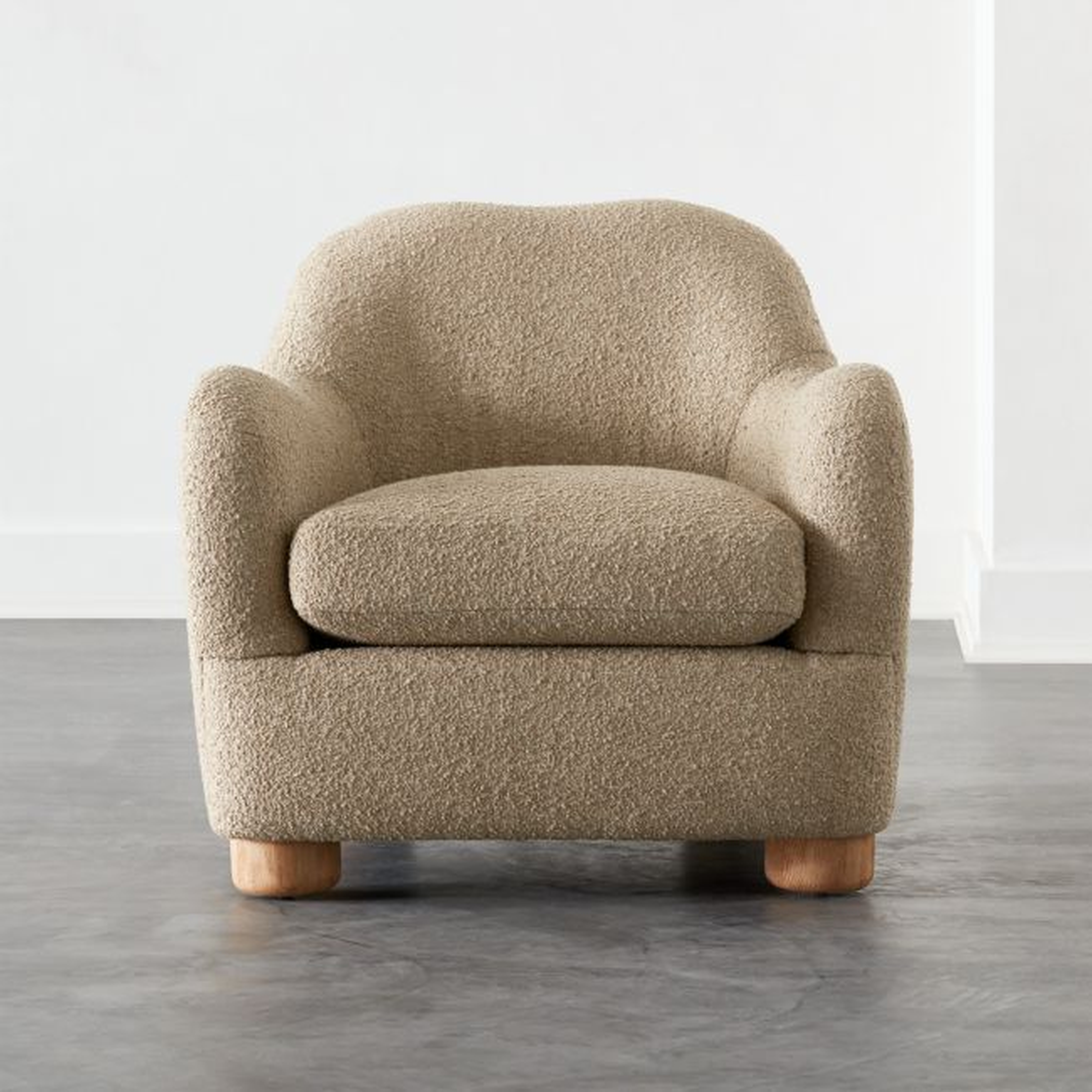 Bacio Camel Boucle Lounge Chair with Bleached Oak Legs by Ross Cassidy - CB2